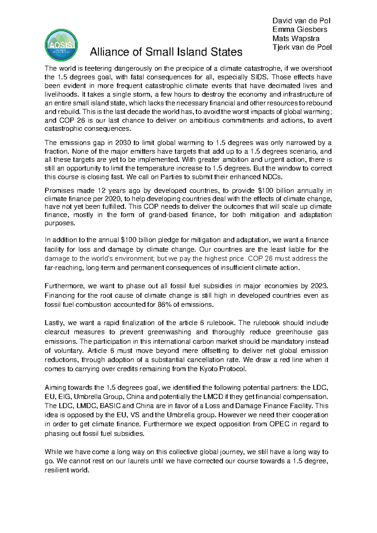 Alliance of Small Island States' Call for Climate Justice at COP 26 ...