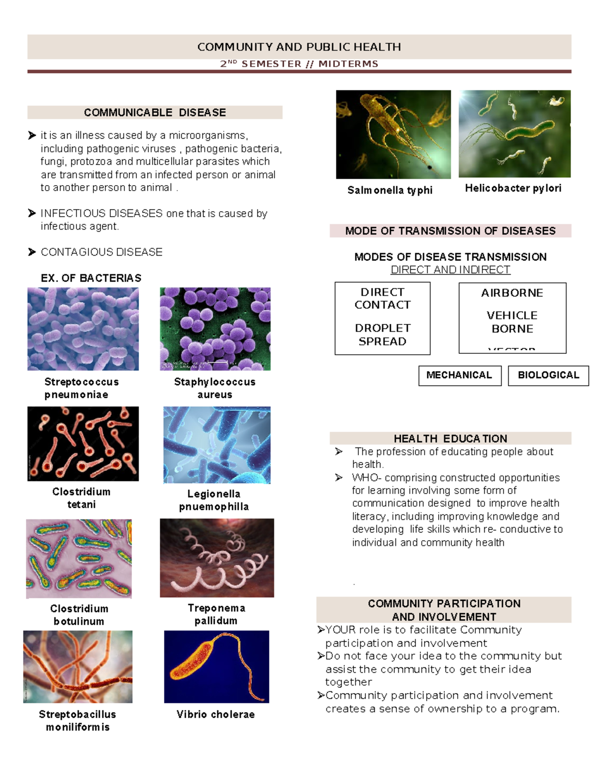 CPH 2ND SEMESTER MIDTERM NOTES ON COMMUNICABLE DISEASES - Studocu