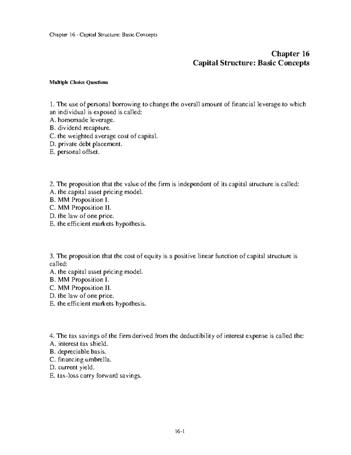Final Exam Q&A on Capital Structure Concepts (Course Code: FIN-301 ...
