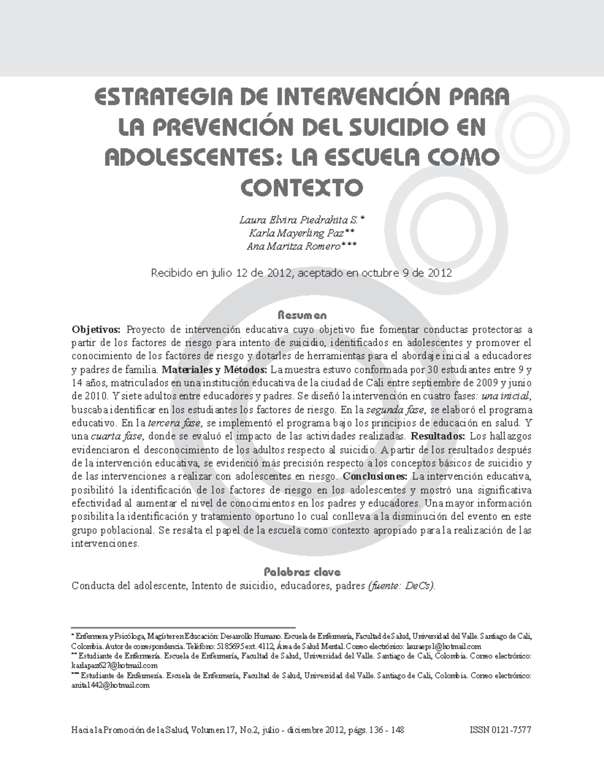 Estrategia de Intervención para la Prevención del Suicidio en ...