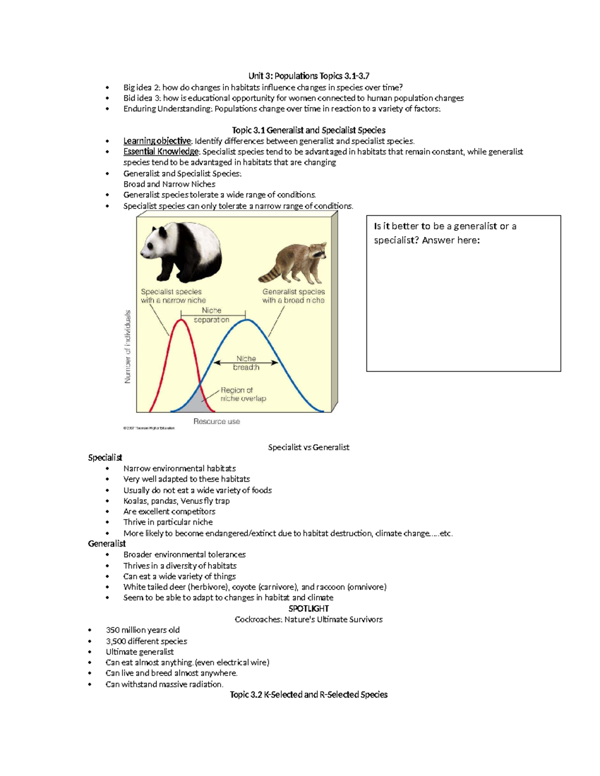 Unit 3: Populations - Generalist vs Specialist Species Overview - Studocu