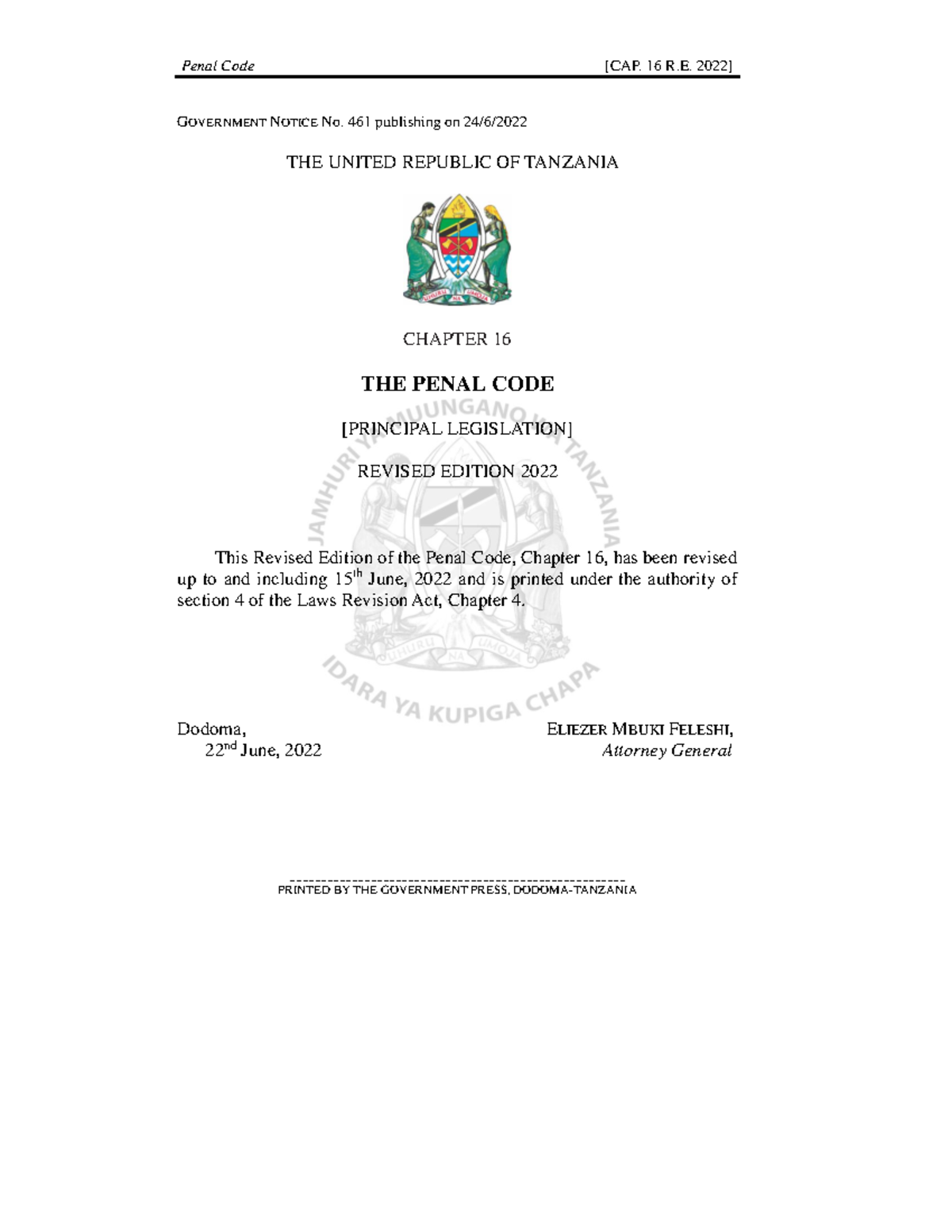 1662102362- Chapter 16-THE Penal CODE - GOVERNMENT NOTICE No. 461 ...