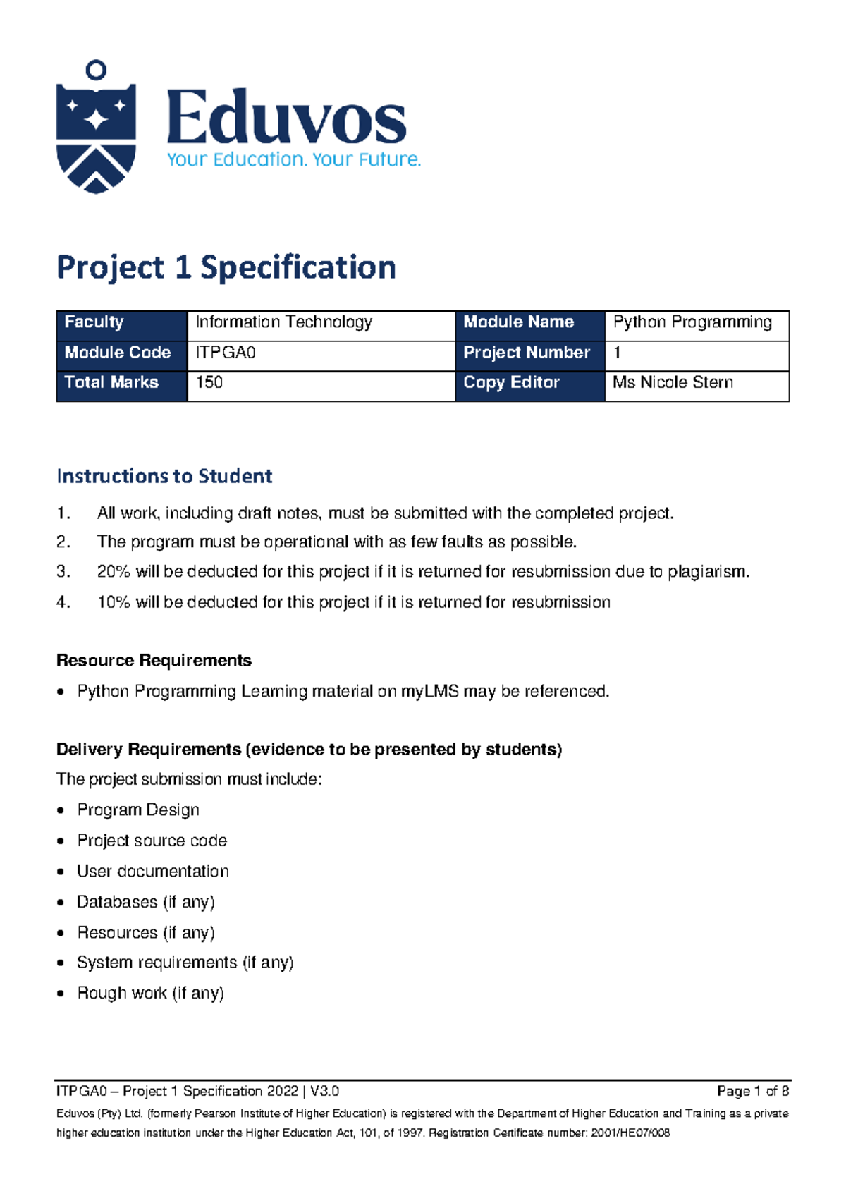 ITPGA0 – Project 1 Spec 2022 | V3.0 for Python Programming - Studocu