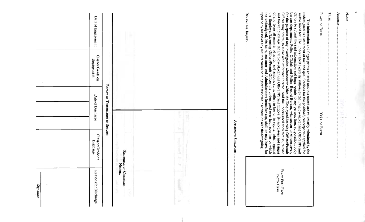 PCC Biometric Form for Male Applicants - Nigeria Service Report - Studocu