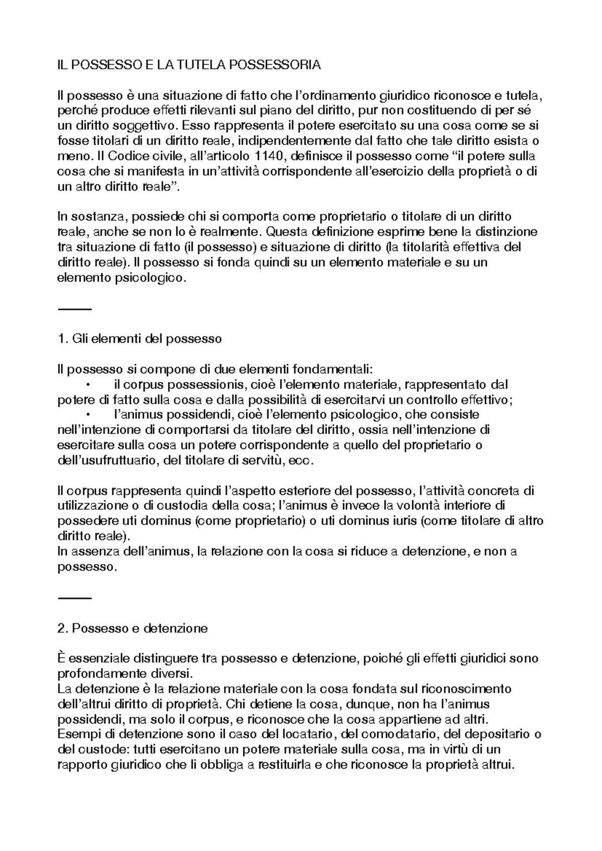 IL POSSESSO E LA TUTELA POSSESSORIA: ANALISI E RIFLESSIONI - Studocu