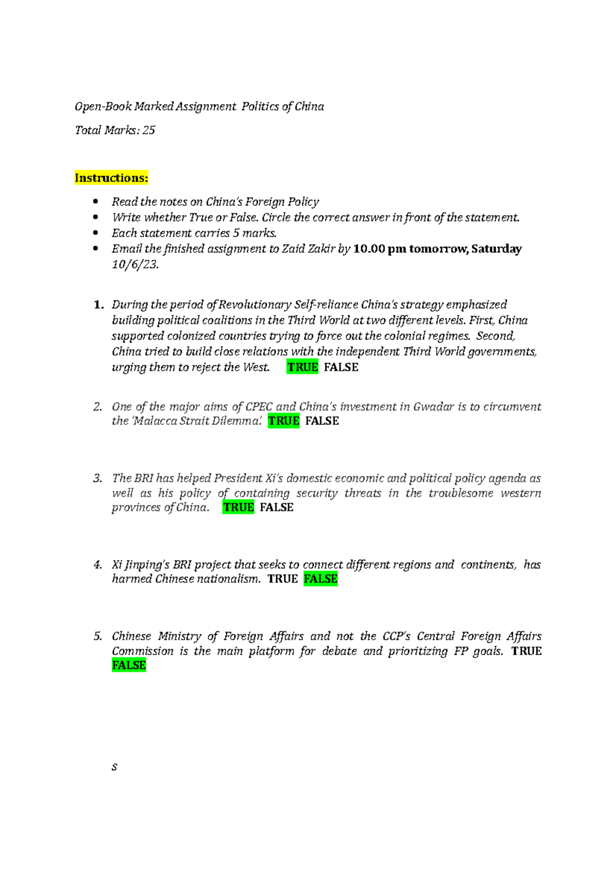 Politics of China Final Assignment QAU: True/False Questions - Studocu