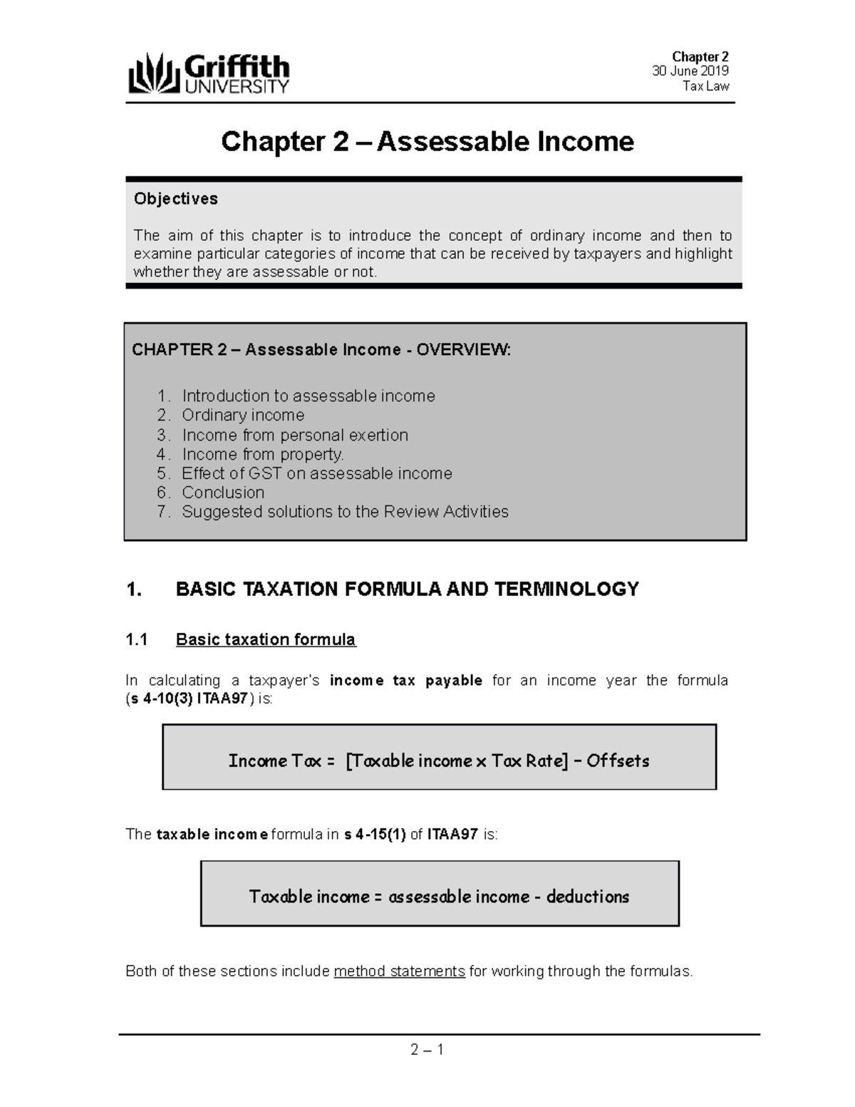 Tax Law.Study Guide Ch 2 - 30 June 2019 Tax Law Chapter 2 – Assessable ...
