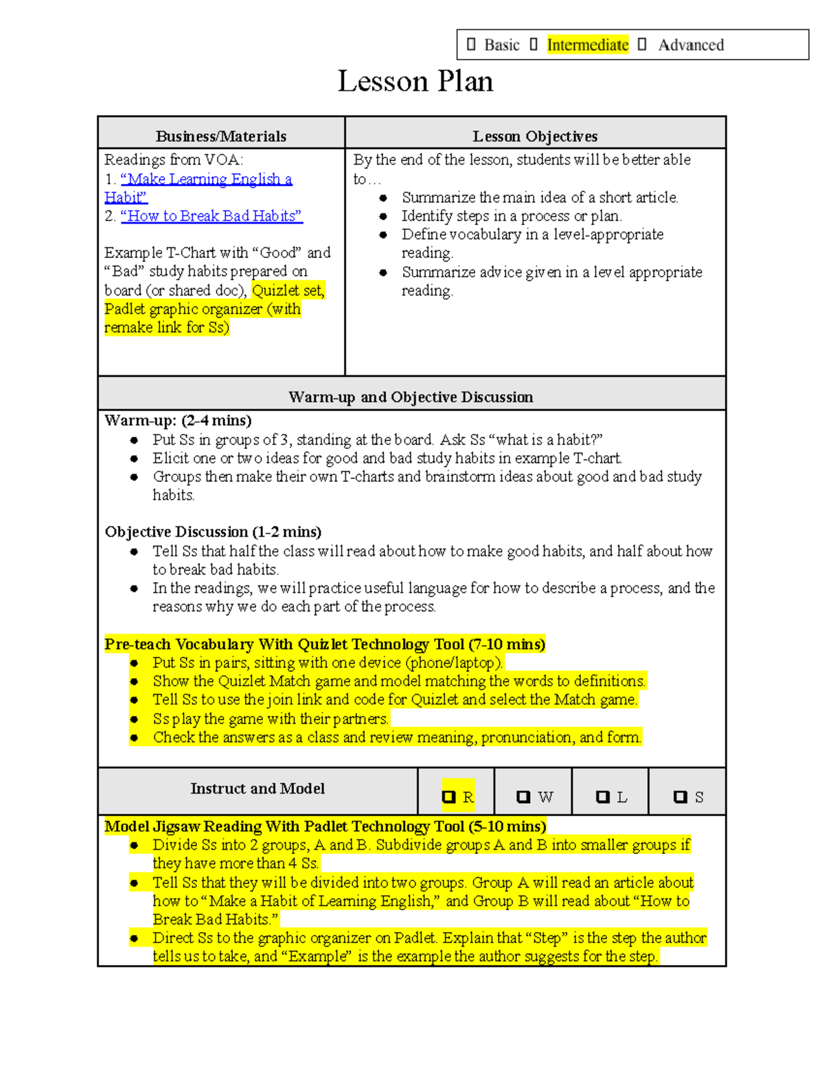 Intermediate Lesson Plan: Good vs. Bad Study Habits (Tech-Enhanced ...