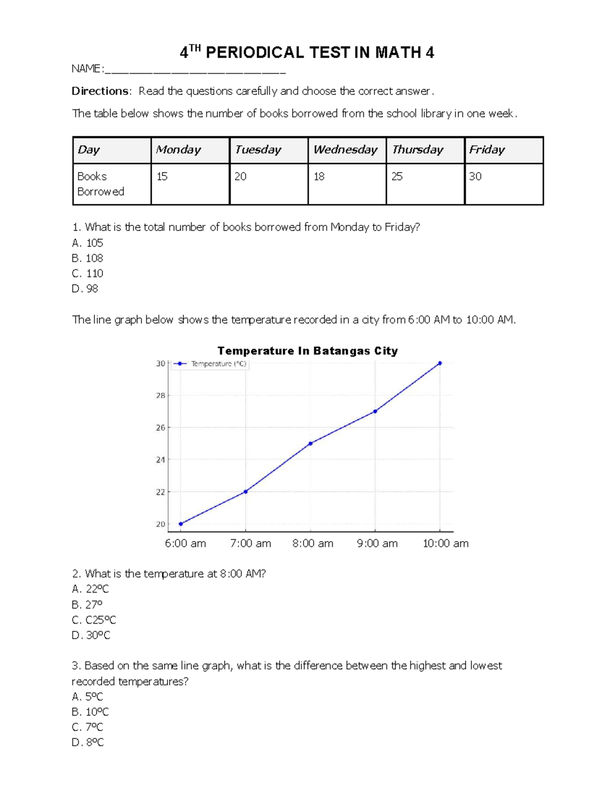4TH PERIODICAL TEST IN MATH 1101: Questions and Answers - Studocu
