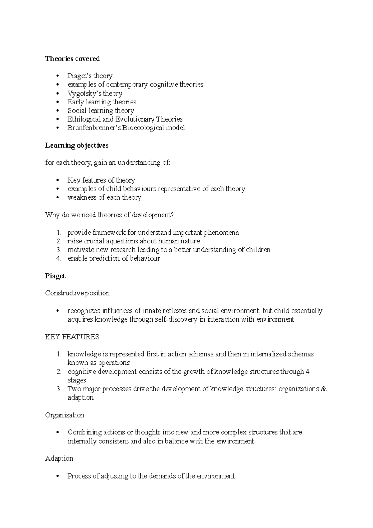 Psyc2213 Lecture 3 notes - Theories covered Piaget’s theory examples of ...