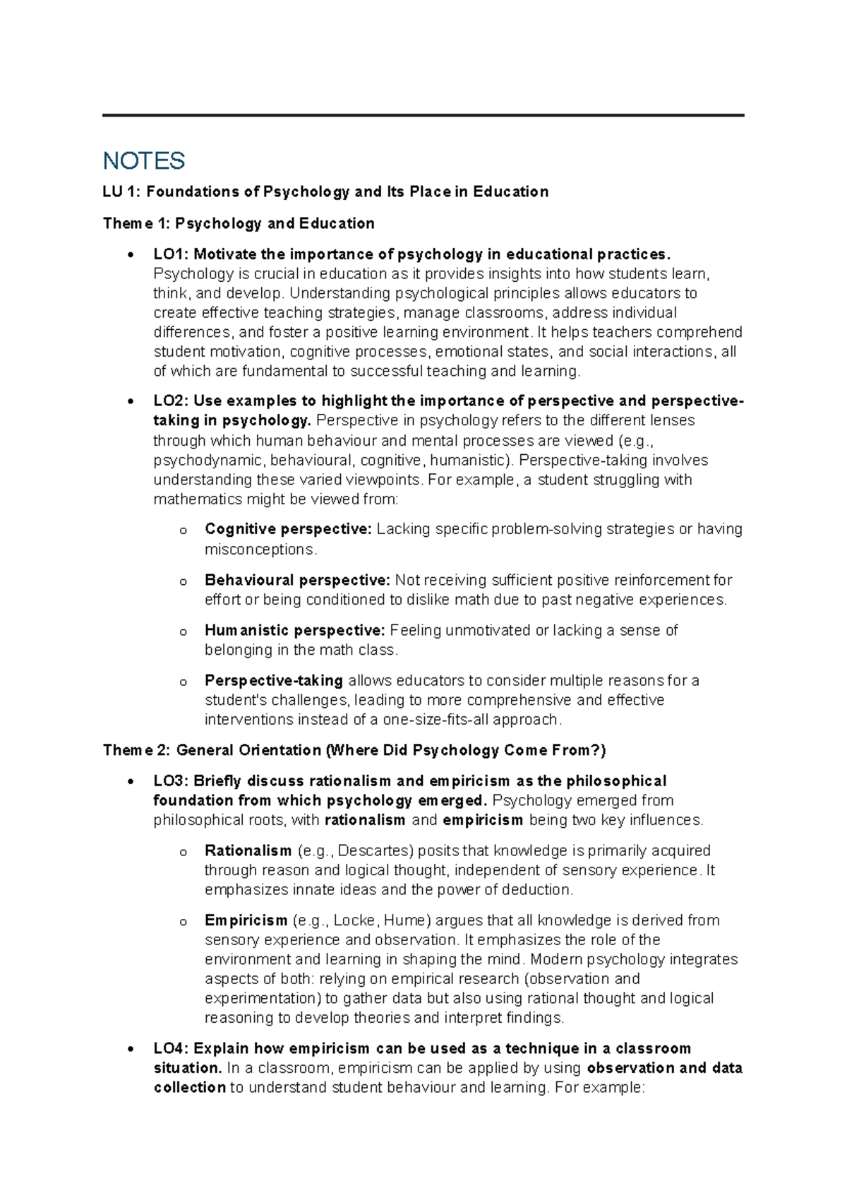 PSED5111 Notes: Foundations of Psychology in Education and Its ...