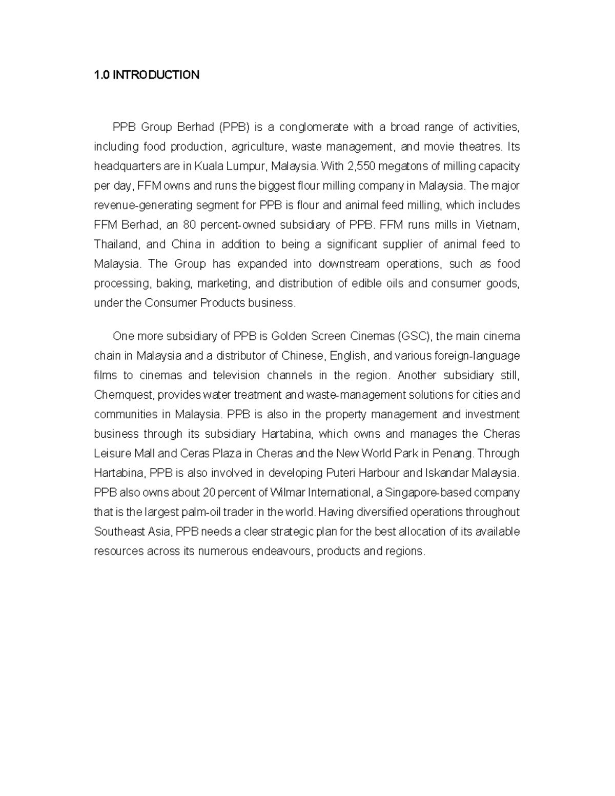 NBF7A MGT657 Personal Assignment - 1 INTRODUCTION PPB Group Berhad (PPB ...