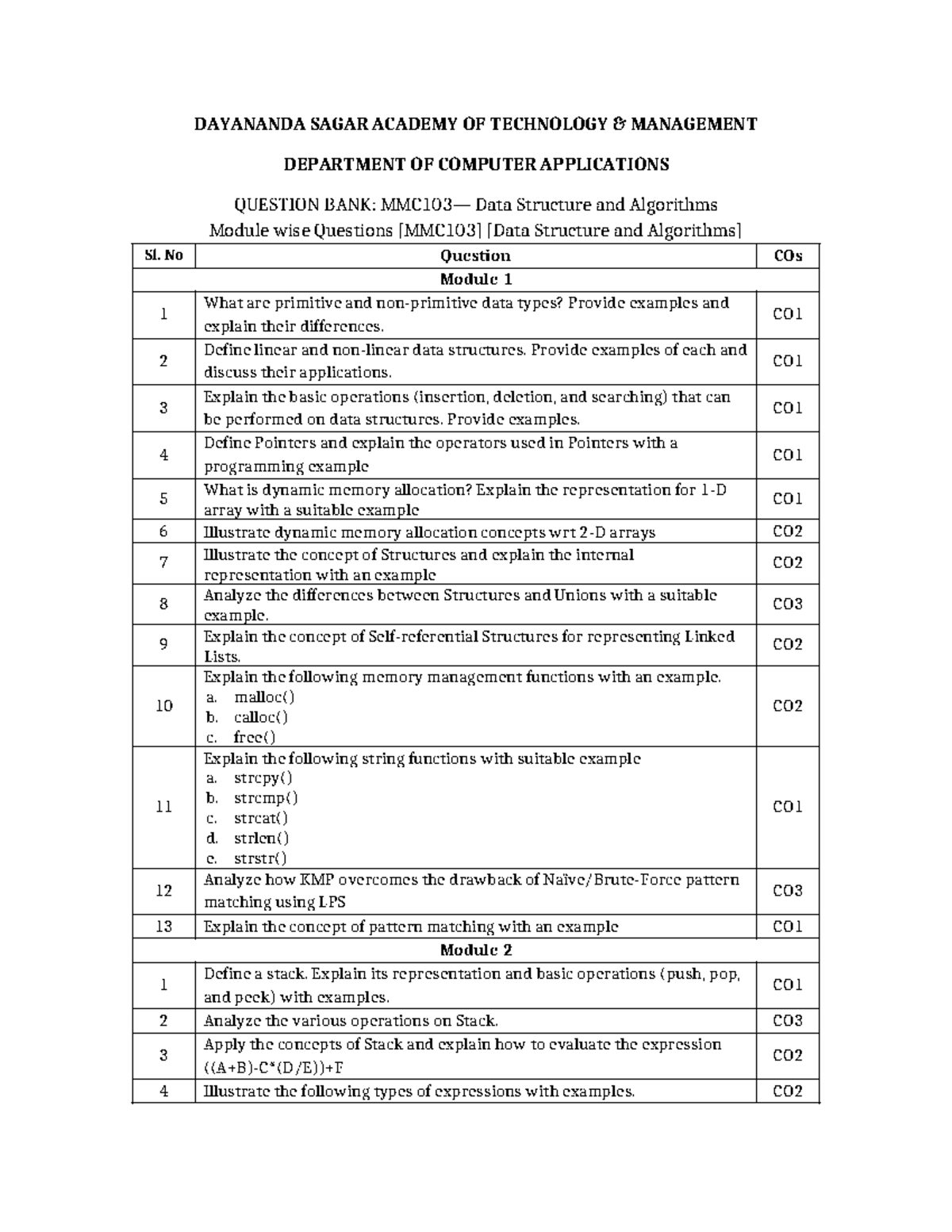 DSA module wise qb - practice questions - DAYANANDA SAGAR ACADEMY OF ...