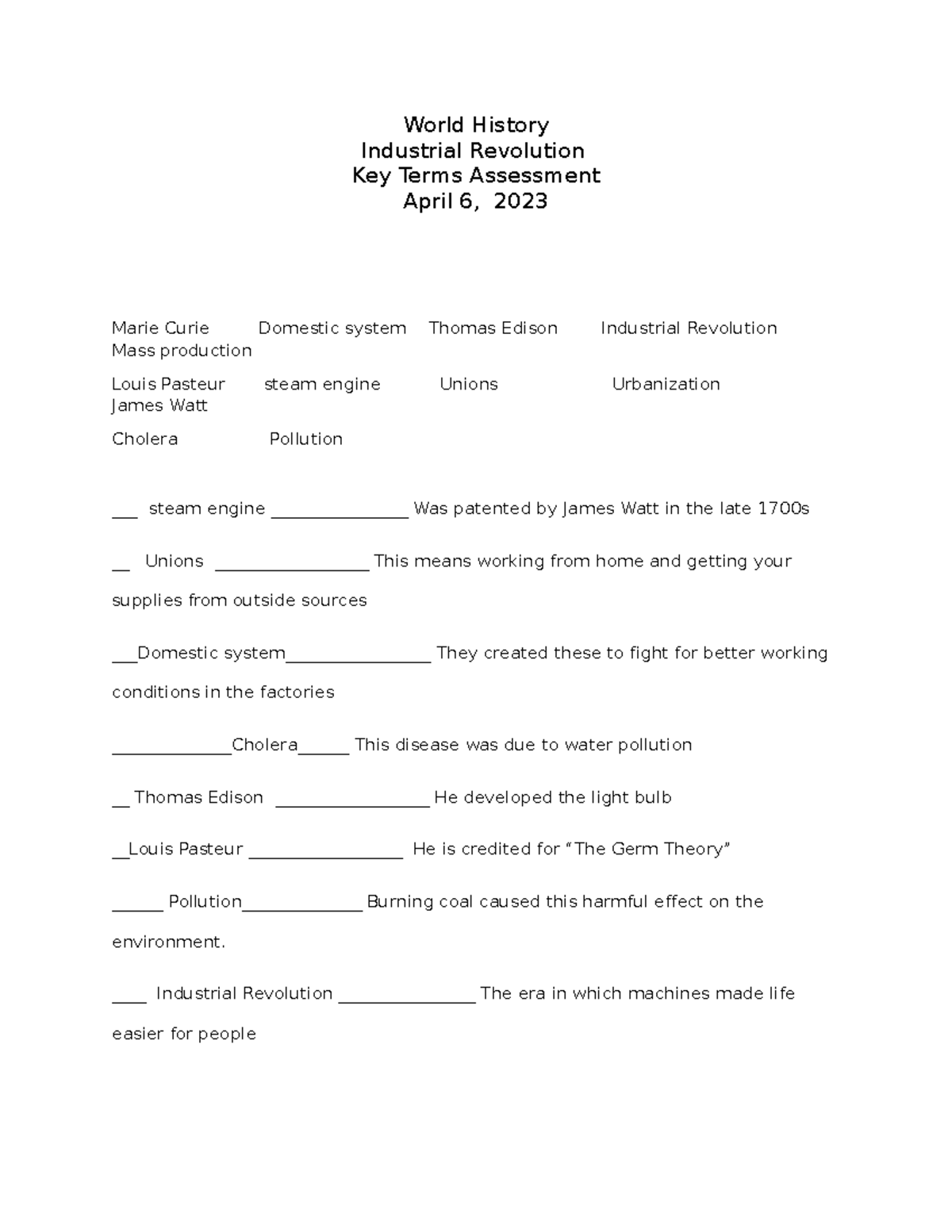 Industrial Revolution Quiz 23 - Key Terms Assessment for World History ...