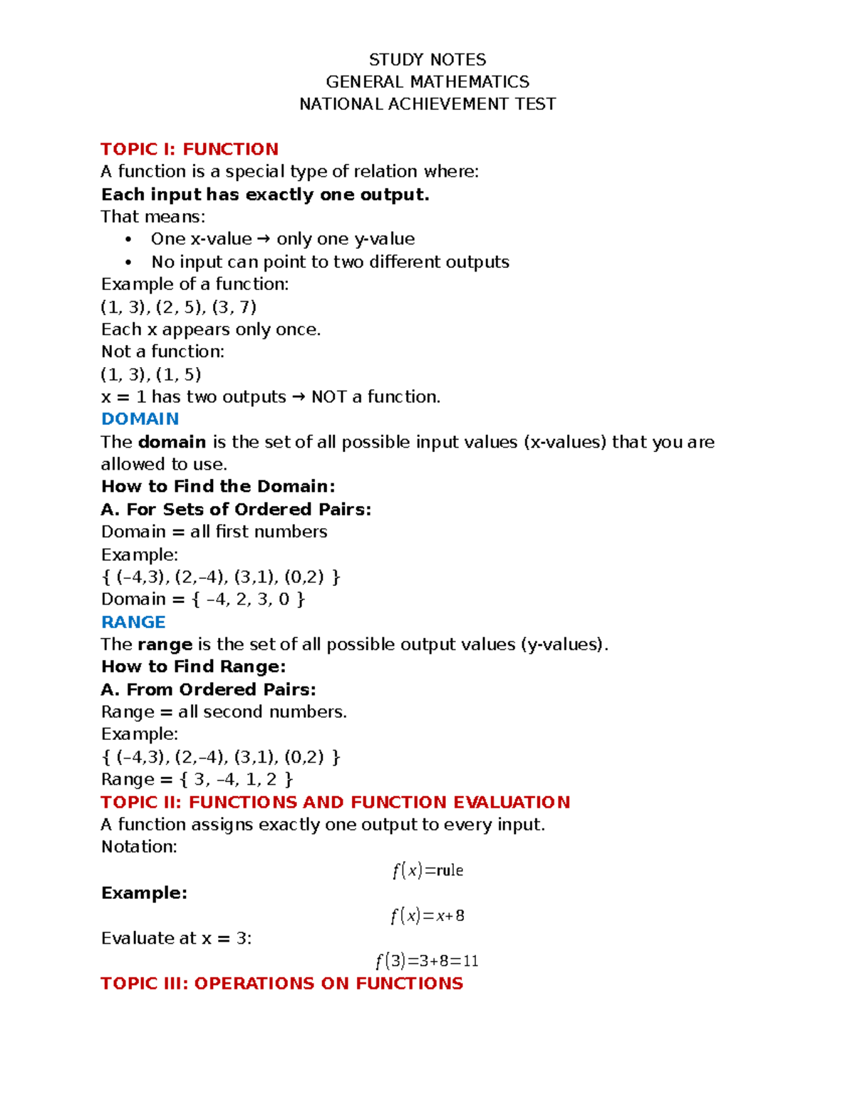 Study Notes: General Mathematics for National Achievement Test - Studocu