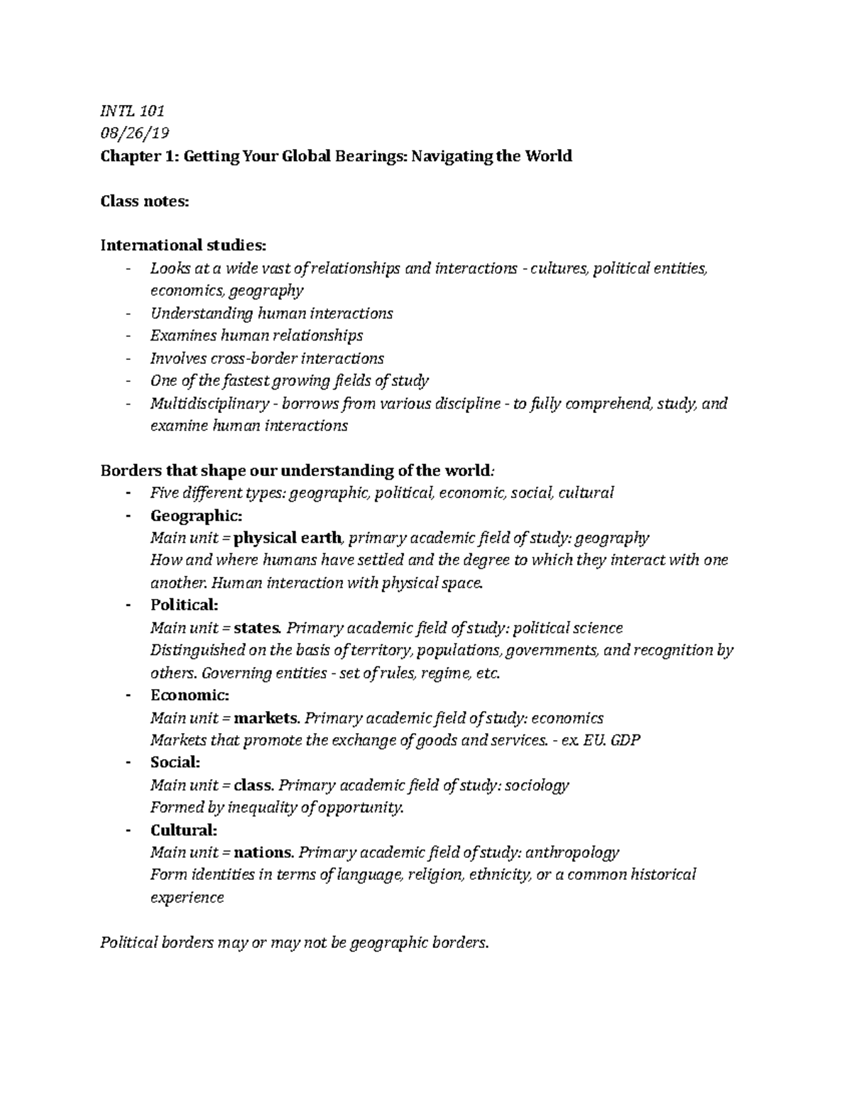 INTL 101 ch 1 - Lecture notes 1 - INTL 101 08/26/ Chapter 1: Getting ...