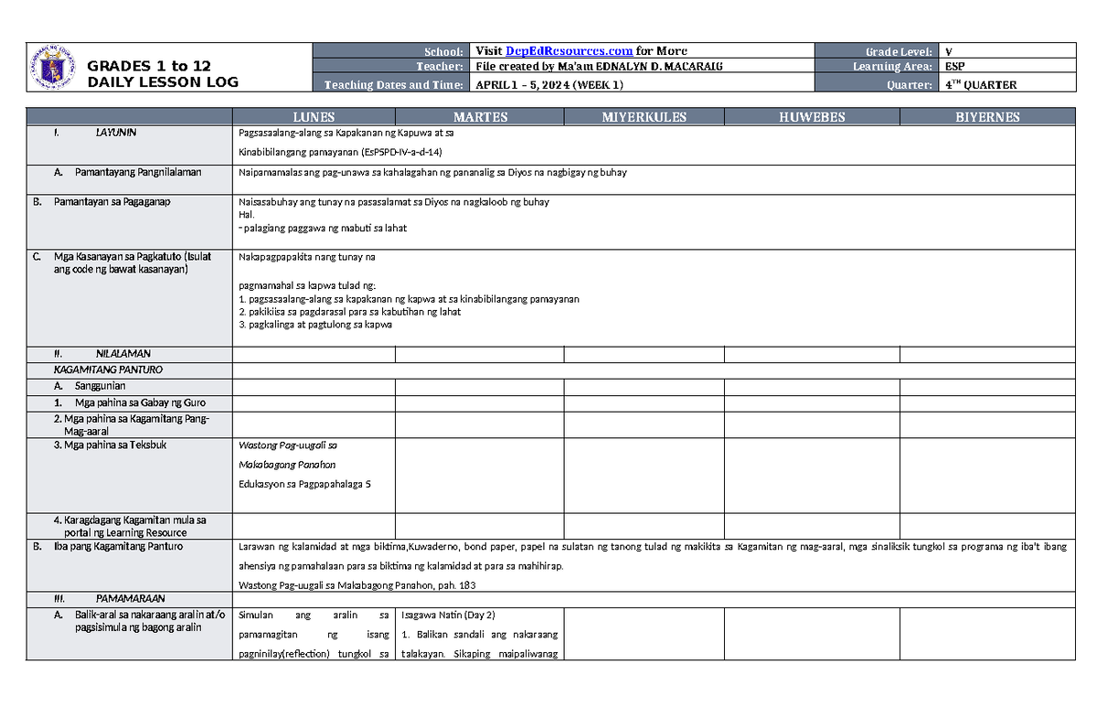 DLL ESP 5 Q4 W1 - DDFSFDVXC - GRADES 1 to 12 DAILY LESSON LOG School ...