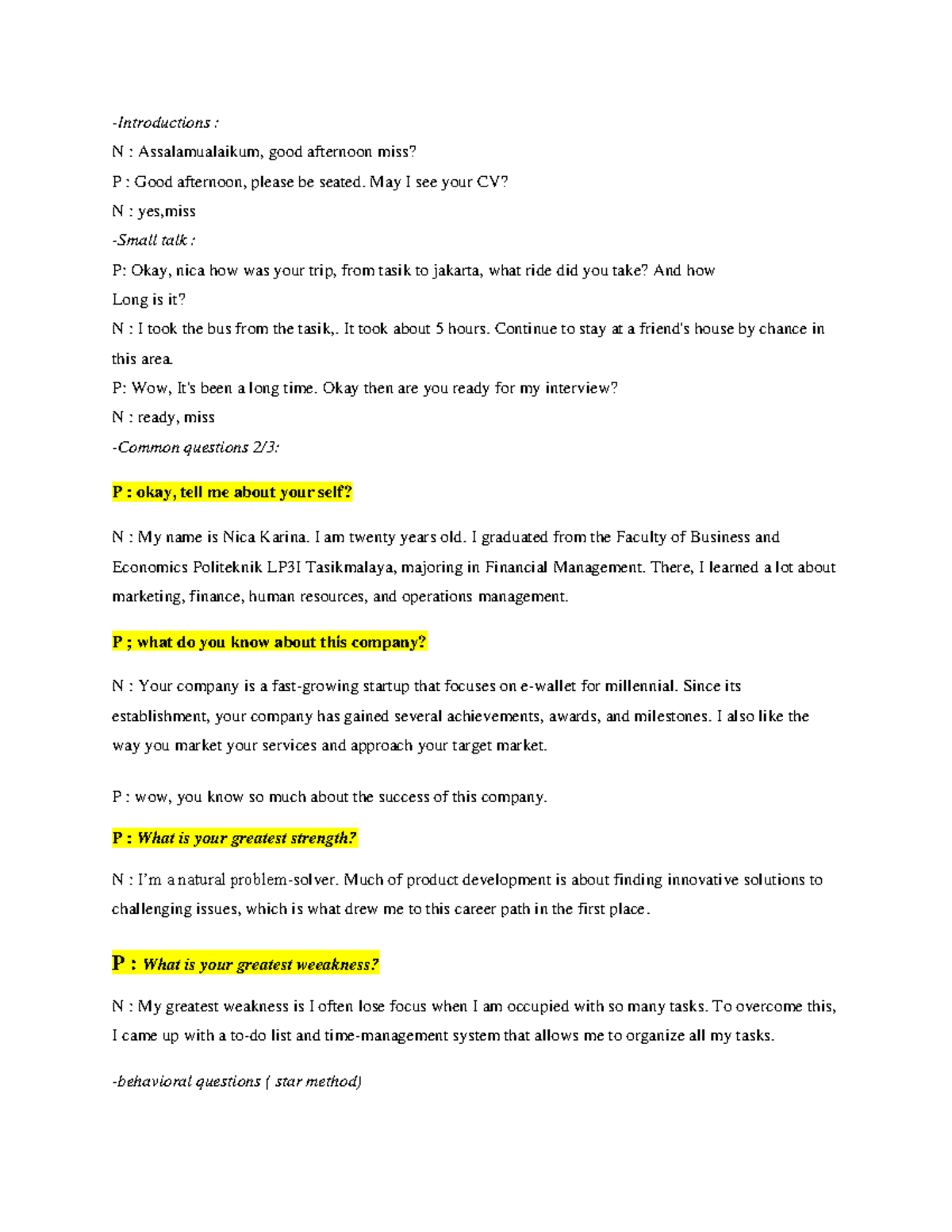 English - Interview Role Play Notes - Studocu