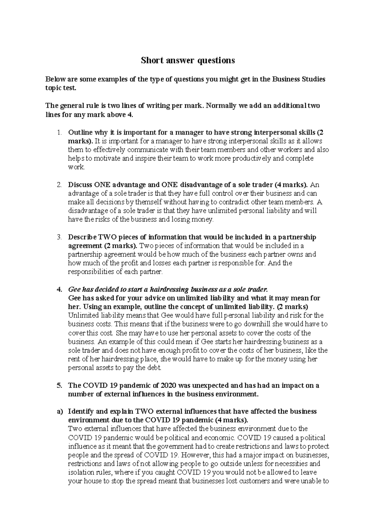 Business Studies Short Answer Example Questions (BS101) - Studocu