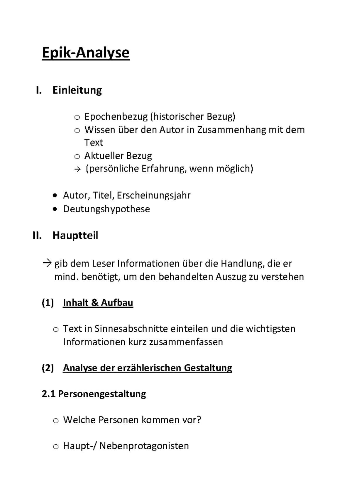 Epik-Deutsch Abitur Zusammenfassung: Analyse Epischer Texte - Studocu