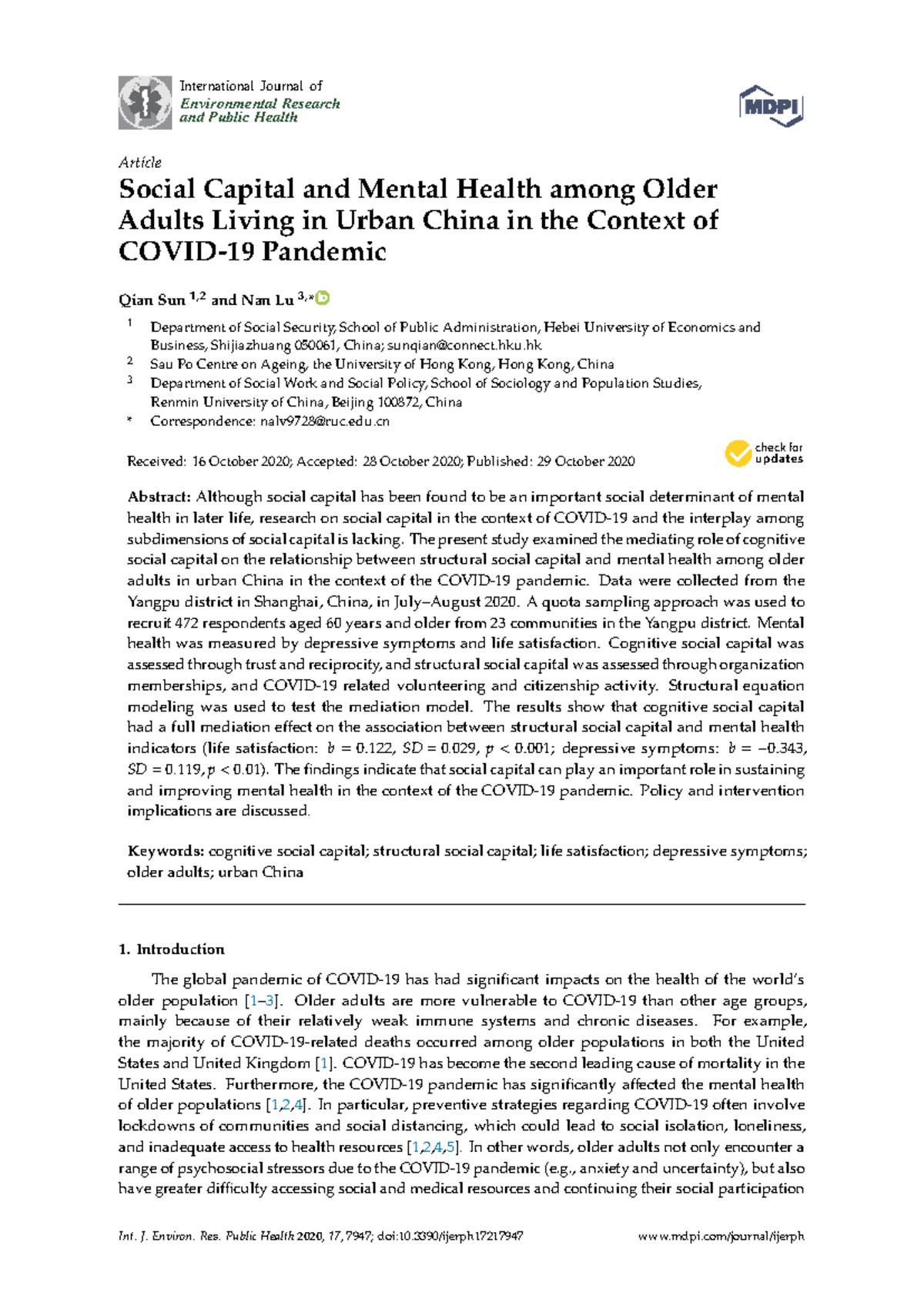 Sun social capital and mental health in china - International Journal ...