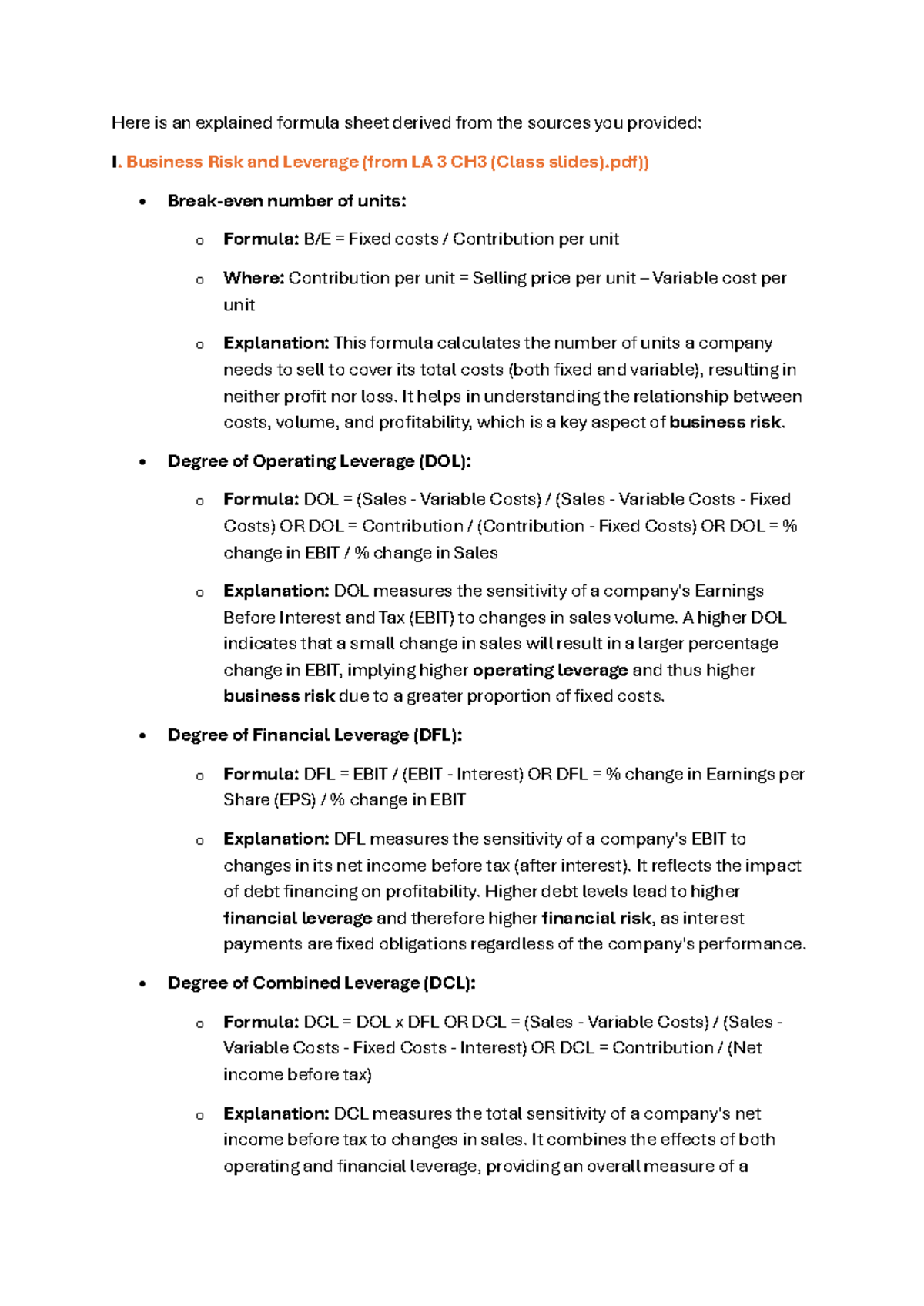 Formulas for Business Risk & Financial Management (LA 2-4) - Studocu