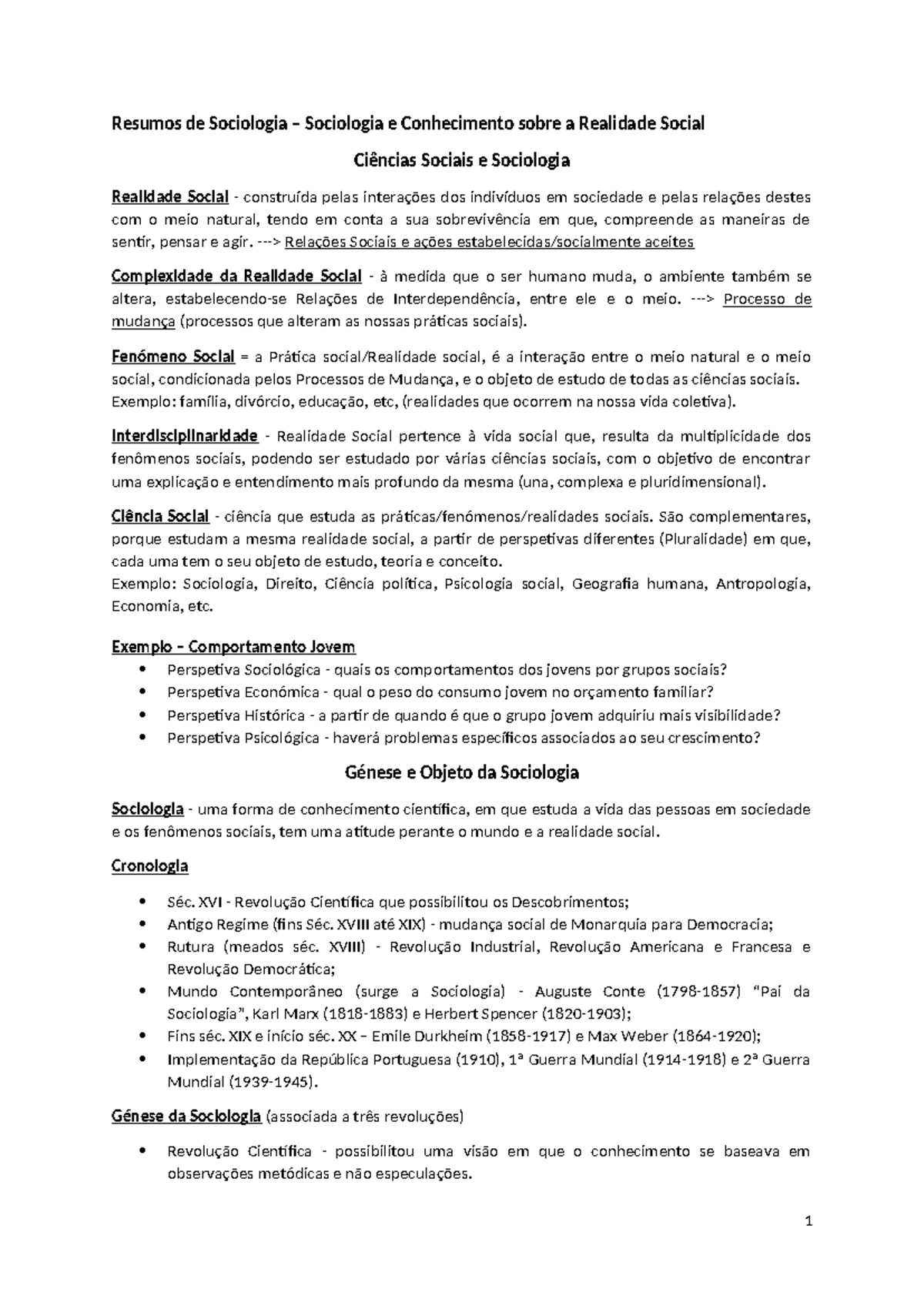 Resumos de Sociologia – Tema 1: Realidade Social e Interações - Studocu