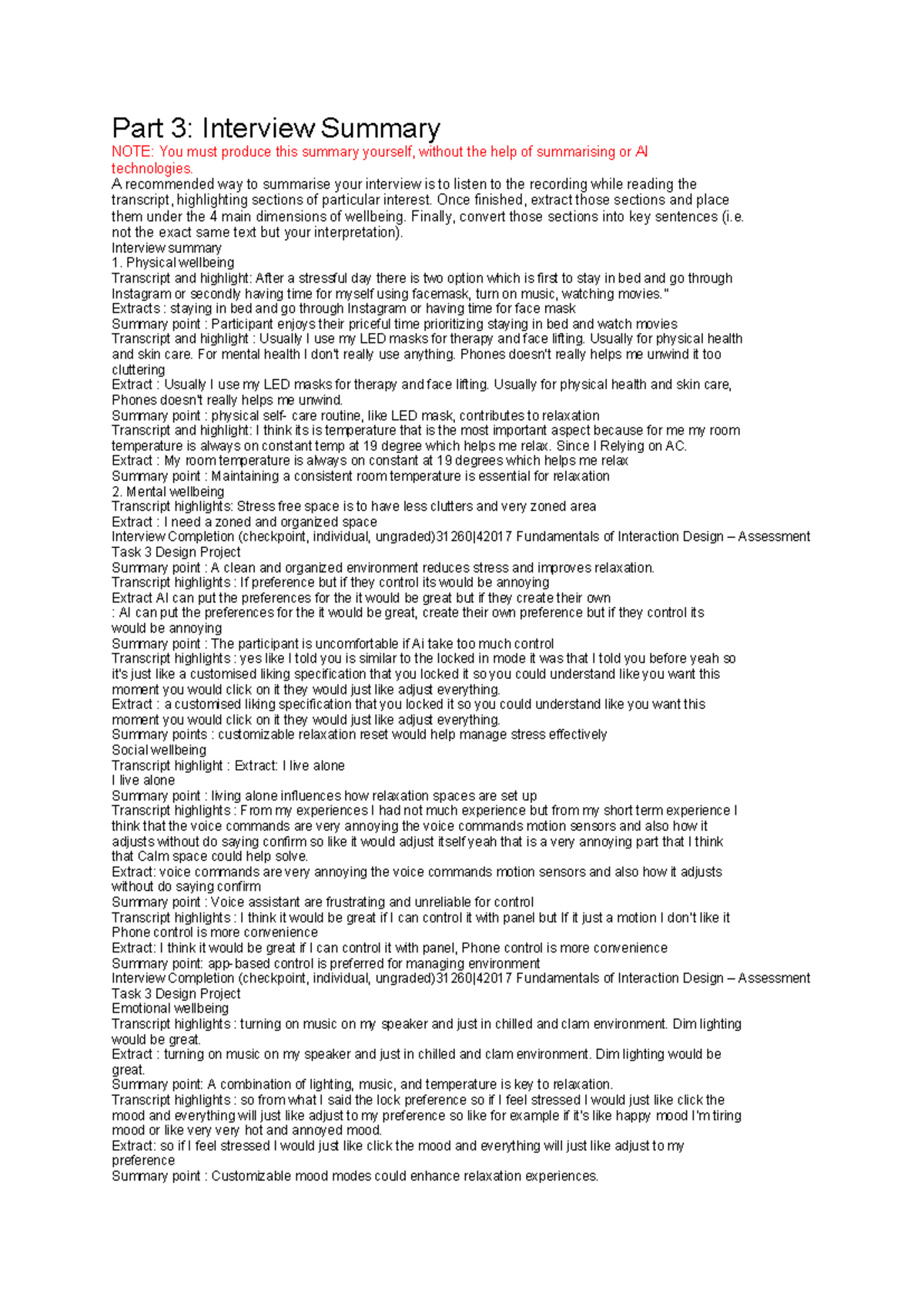Interview Summary: Wellbeing Insights from Participant Responses - Studocu