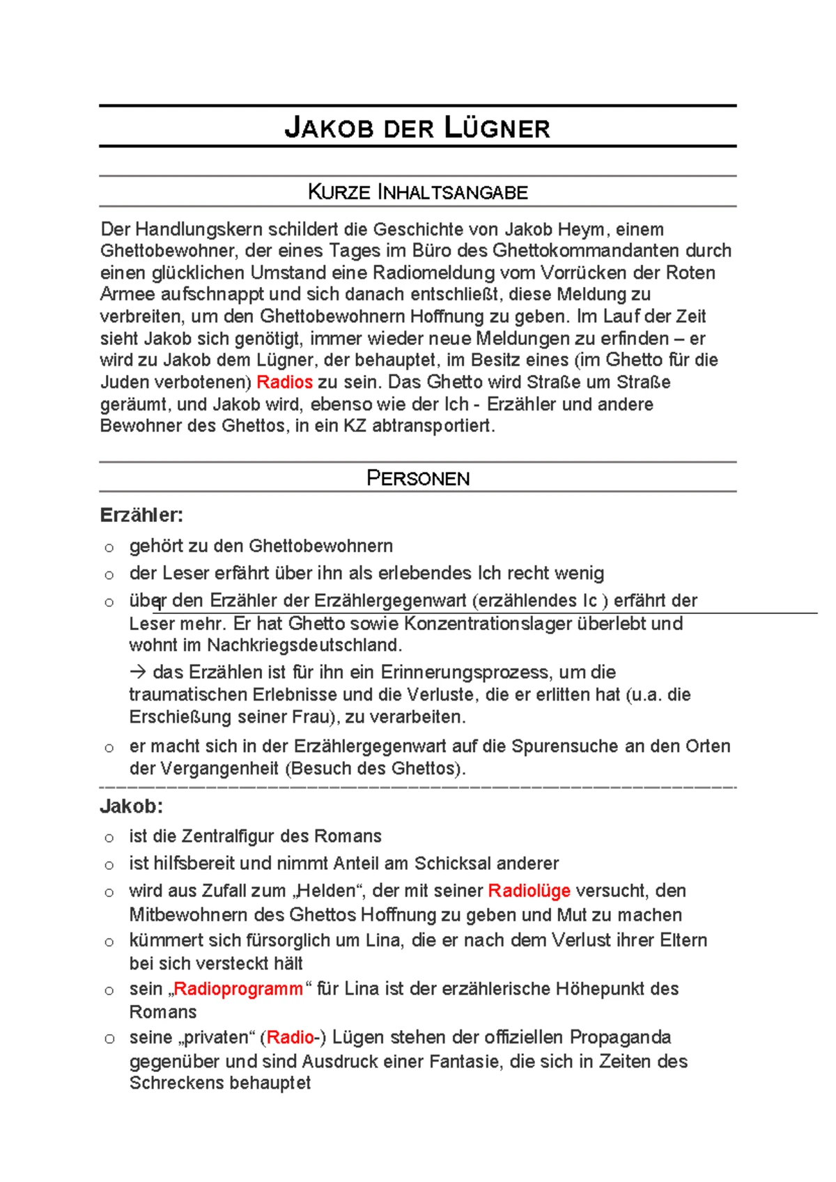 Jakob der Lügner, Jureck Becker - 1 JAKOB DER LÜGNER KURZE