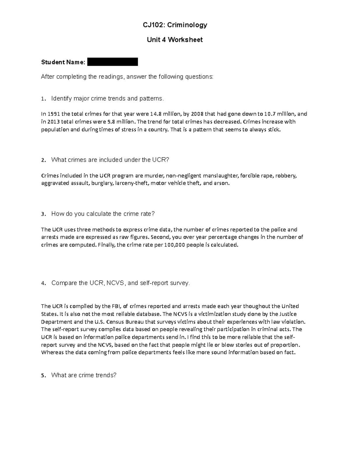 CJ102 Unit 4 Worksheet: Analyzing Crime Trends and Patterns - Studocu