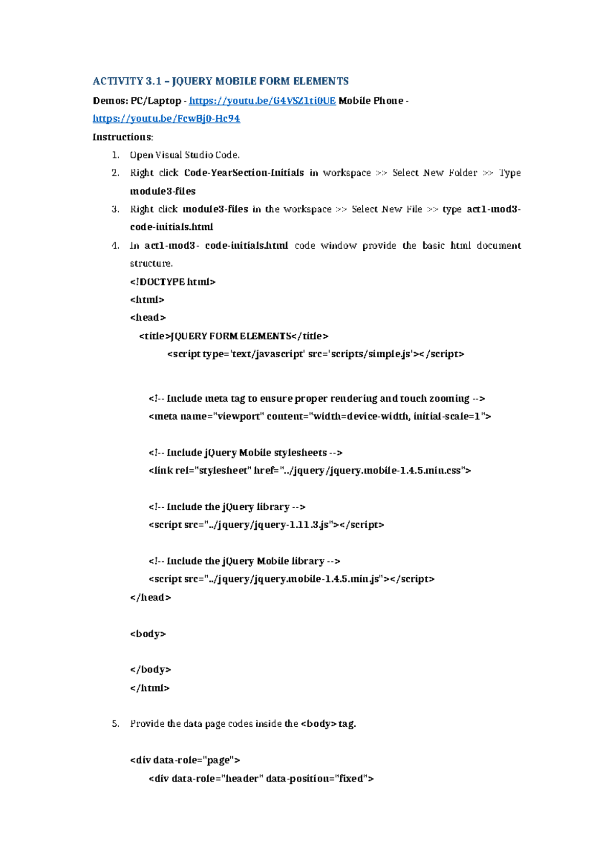 Activity 3 - HTML Form Elements Using jQuery for Module 3 Coding - Studocu