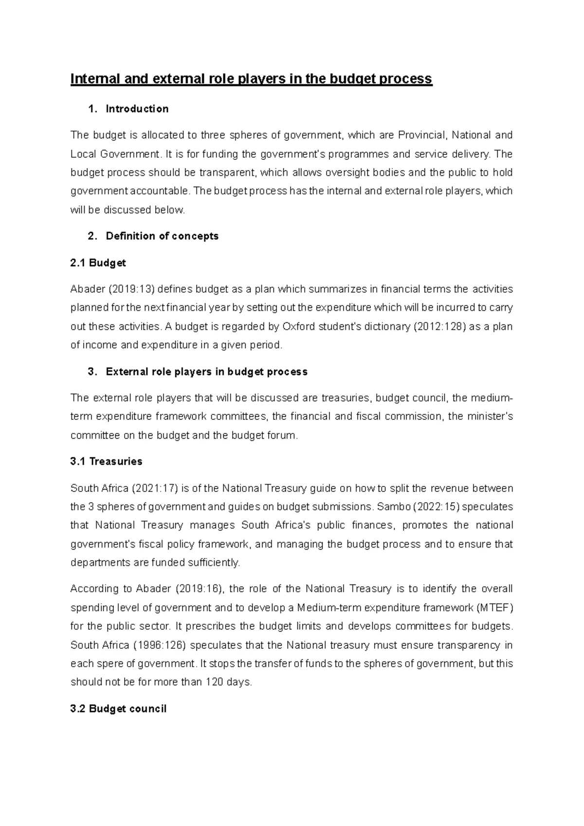 Internal and external role players in the budget process - Internal and ...