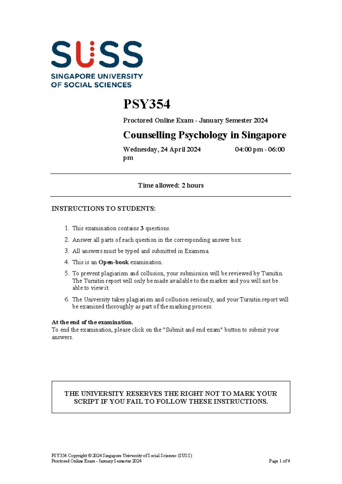 PSY354 JAN 2024 POE - Counselling Psychology Sample Exam Review - Studocu