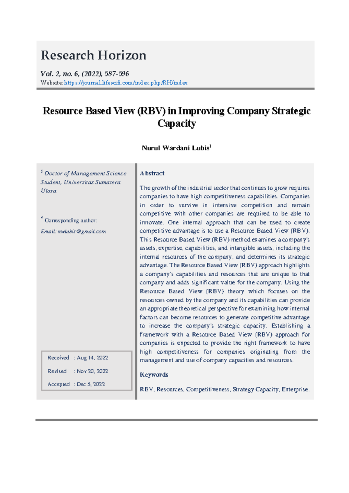 Resource Based View (RBV) in Enhancing Strategic Capacity: Vol. 2, No ...