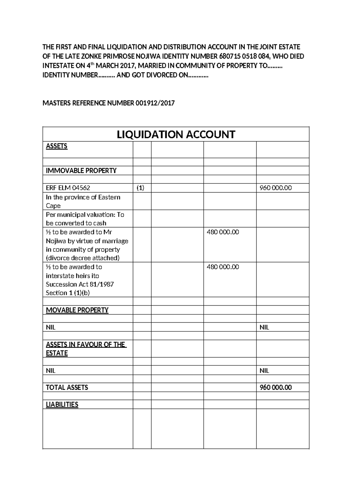 Settled First AND Final Liquidation AND Distribution Account IN THE ...