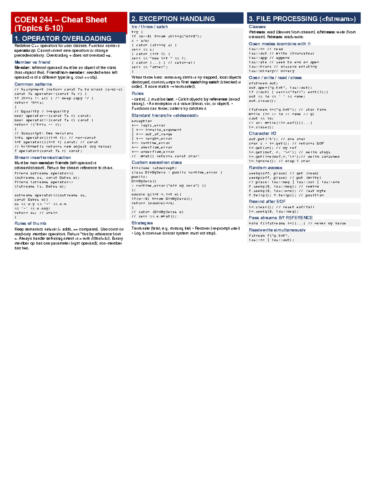 COEN 244 Cheat Sheet: Operator Overloading & Exception Handling - Studocu