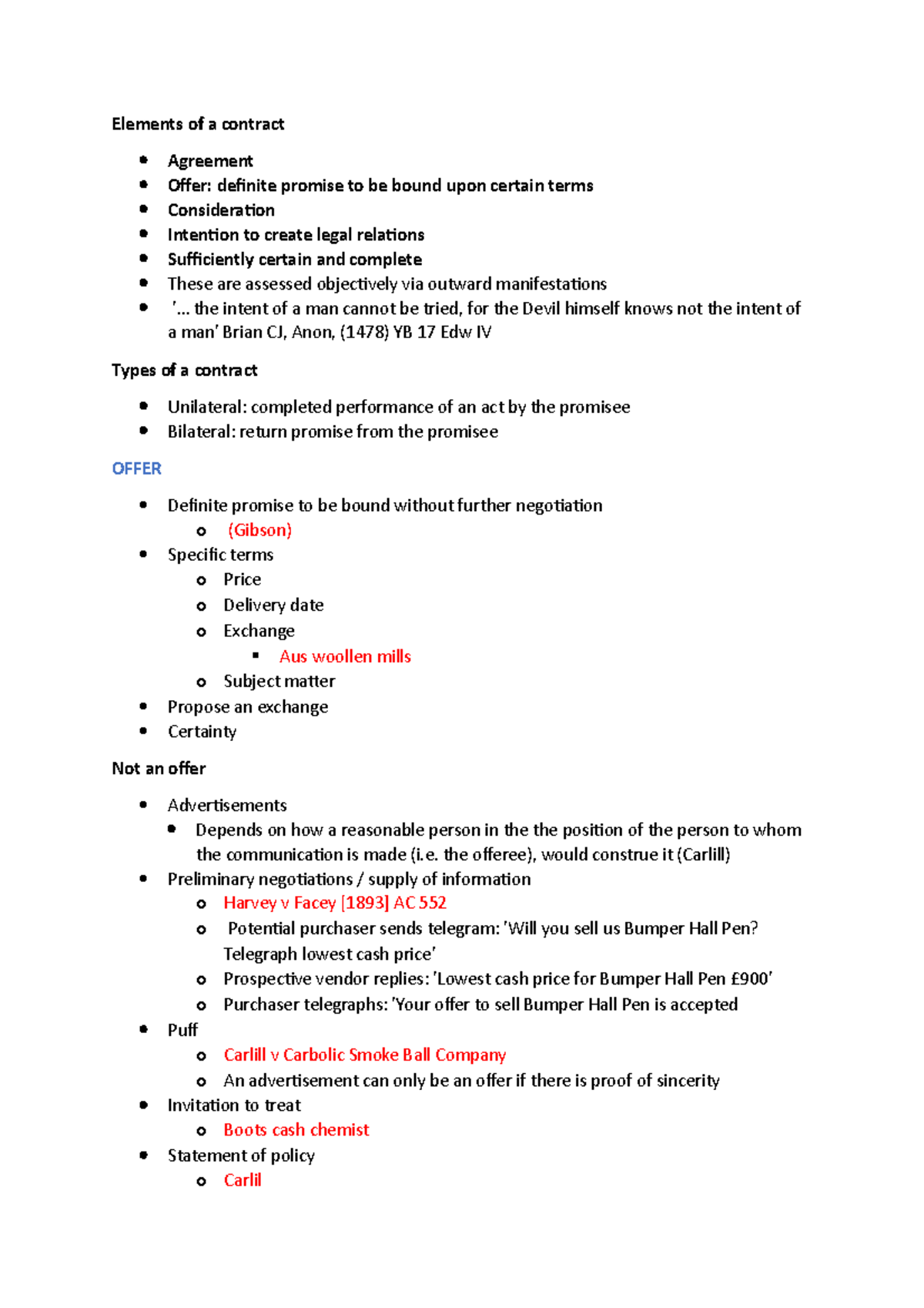 Contracts - Summary Law Of Contract A - Elements of a contract ...