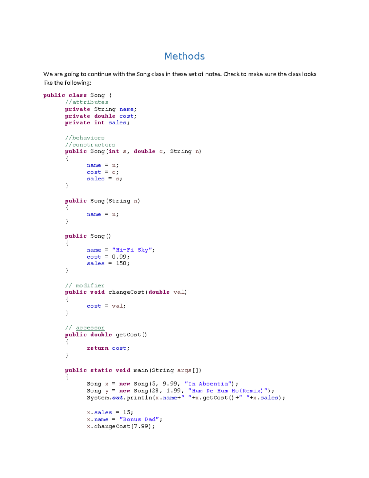 Methods Notes-1: Understanding the Song Class and Static Methods - Studocu
