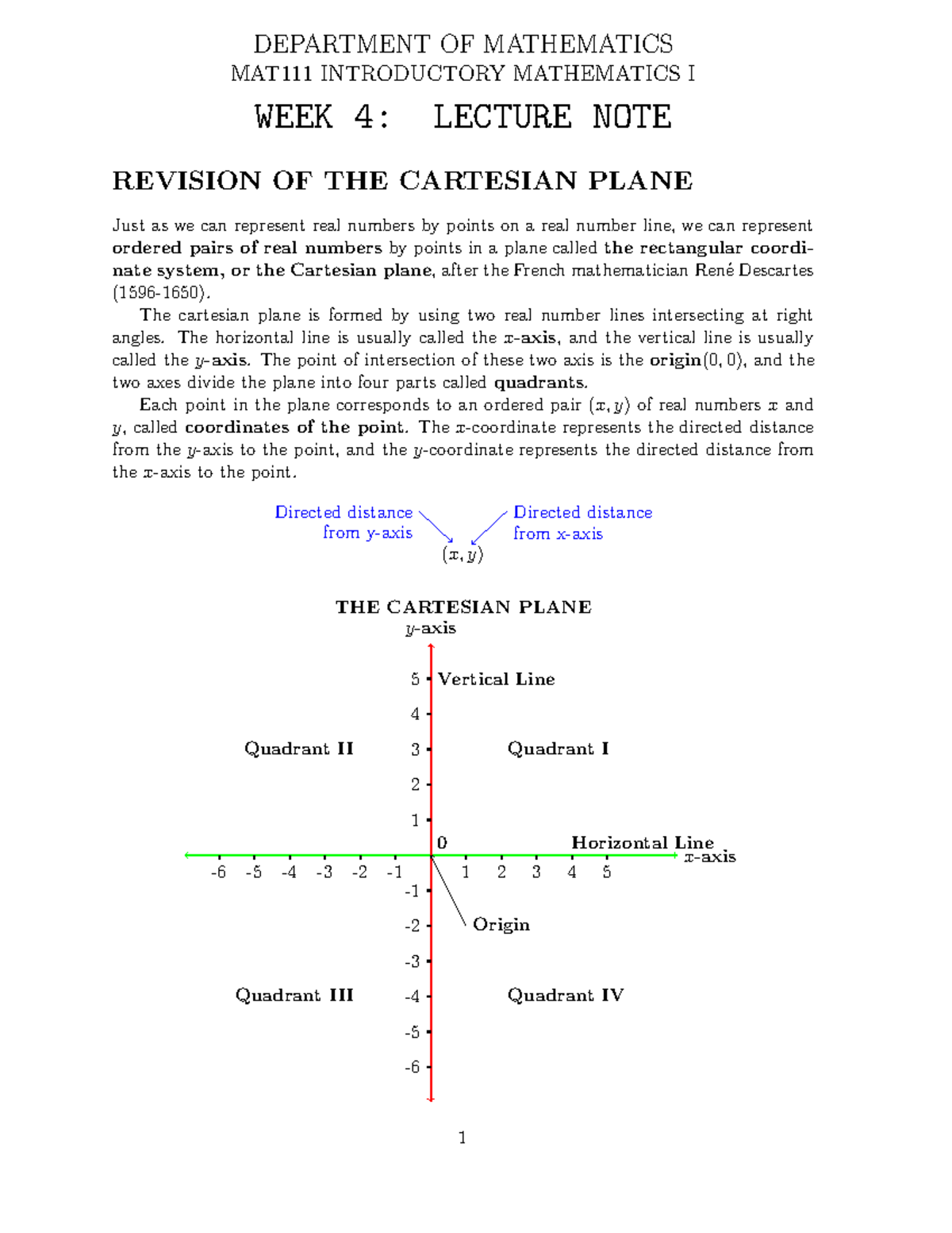 MAT 111 Week 4 lecture notes on the Cartesian plane and functions - Studocu