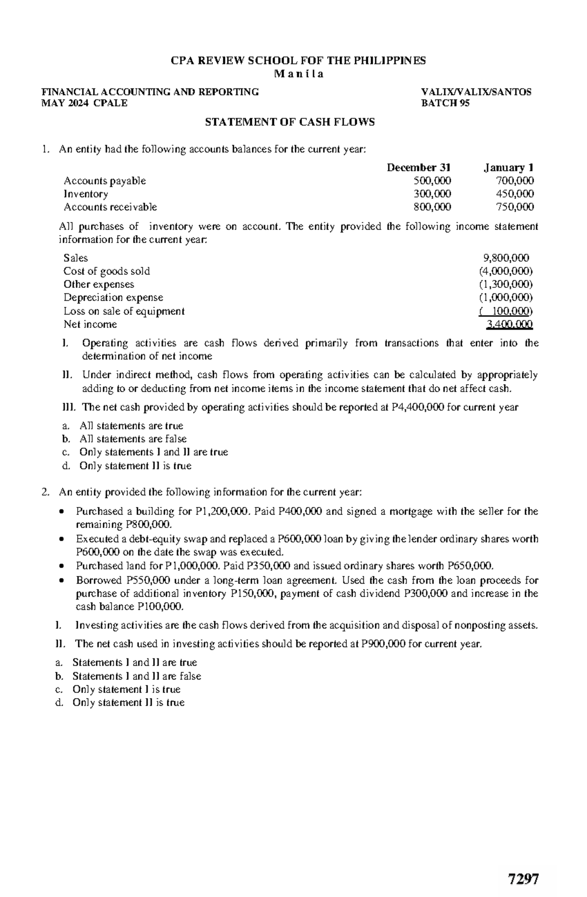 7297 - Cash Flow Statement Analysis and Review for CPA Exam - Studocu