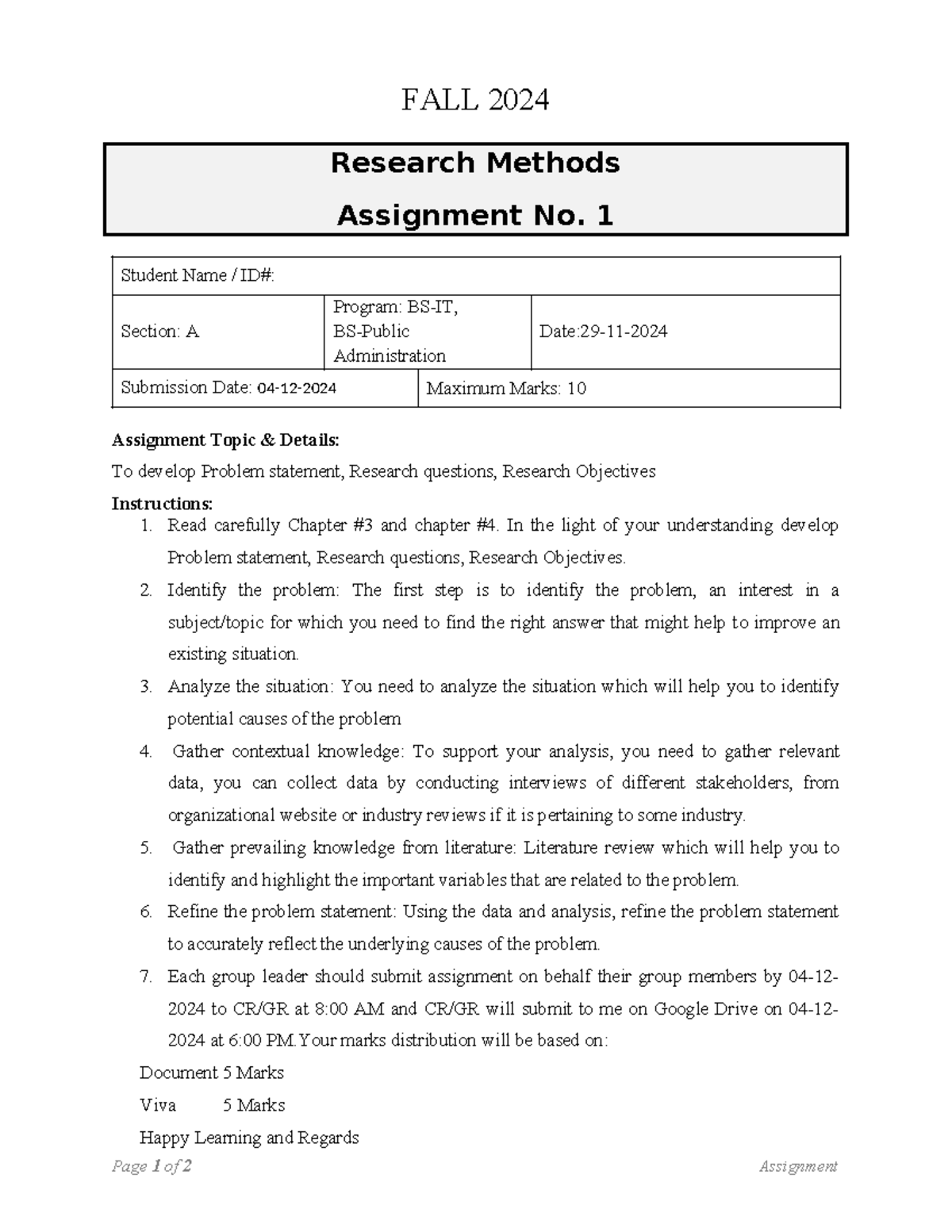 Assignment creating problem statement and objective - FALL 2024 ...