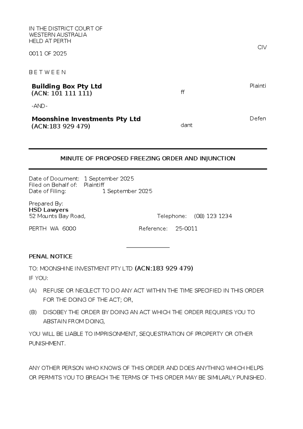 CL T2 - Minute of Proposed Freezing Order in CIV 0011 of 2025 - Studocu