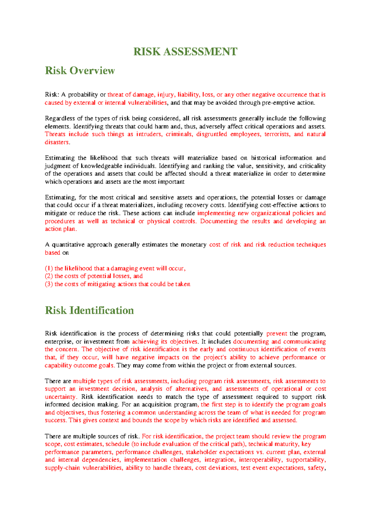 Risk Assessment - Lecture Notes 1: Overview, Identification, and ...