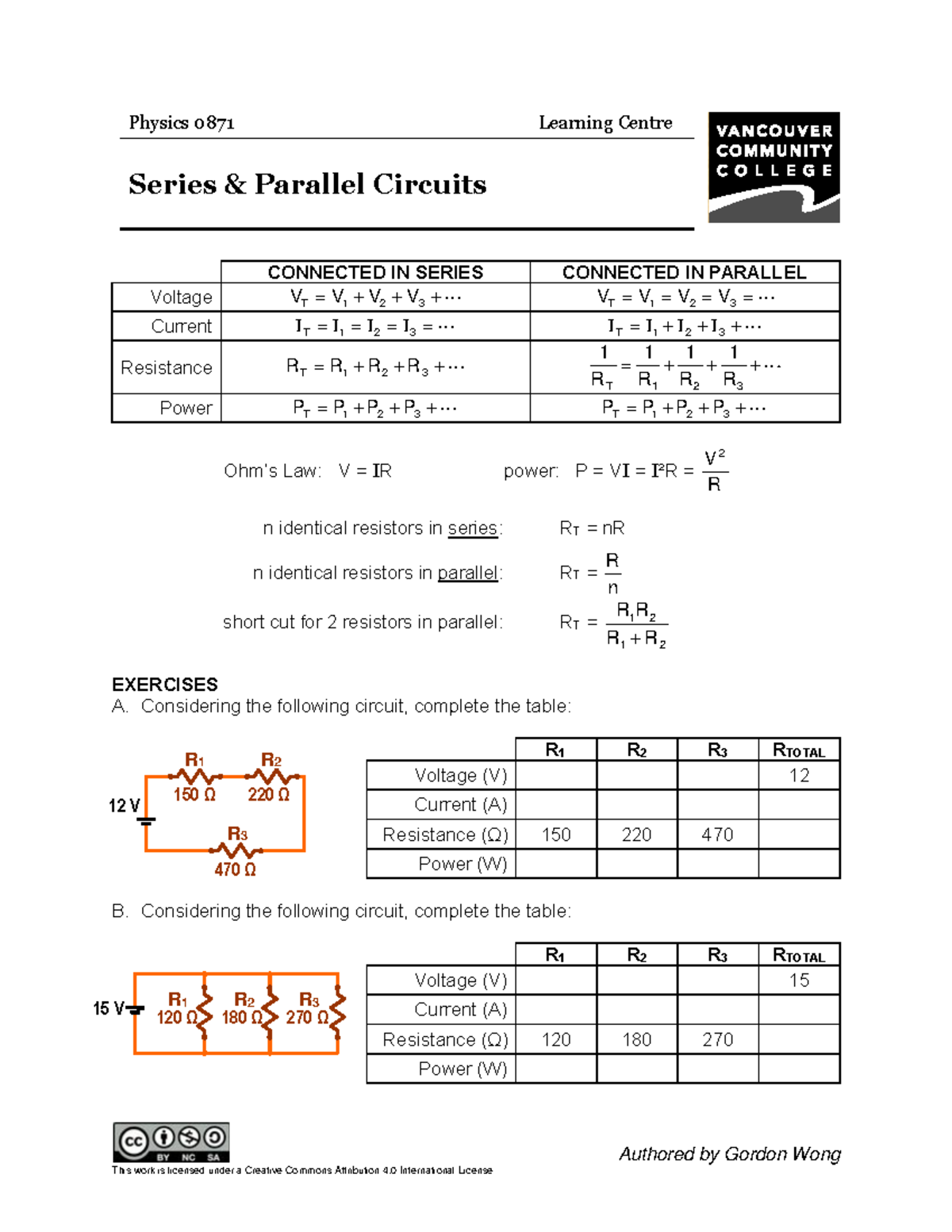 Phys0871 Series & Parallel Circuits: Voltage, Current, & Resistance ...