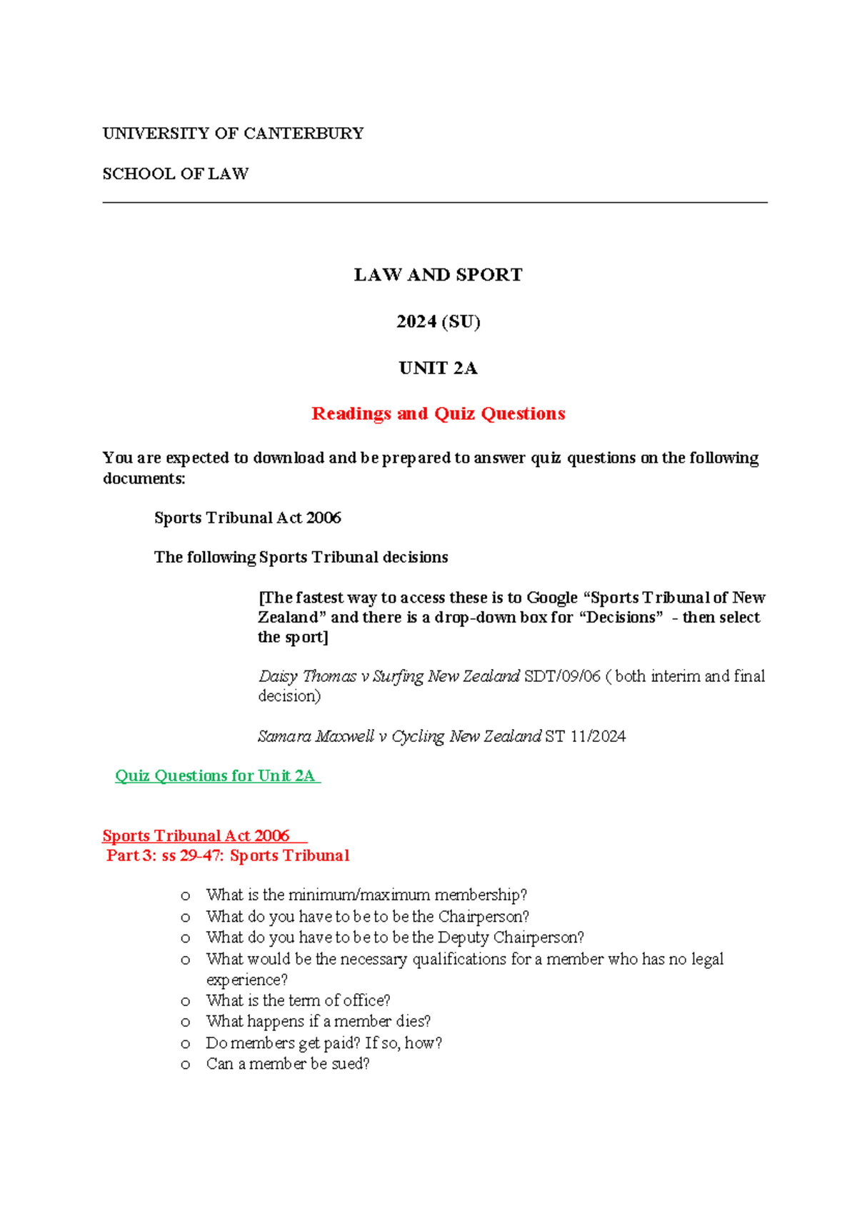 Quiz Questions and Readings for LAW AND SPORT - Unit 2A (SU) - Studocu