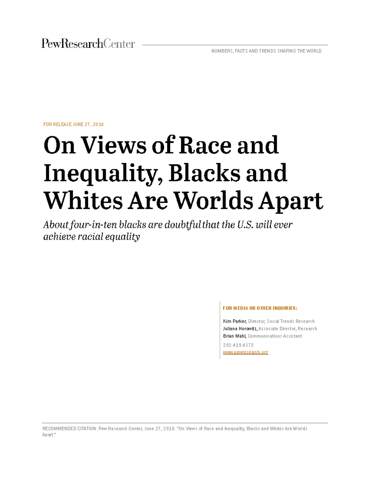On Views of Race and Inequality: A Pew Research Study - Studocu