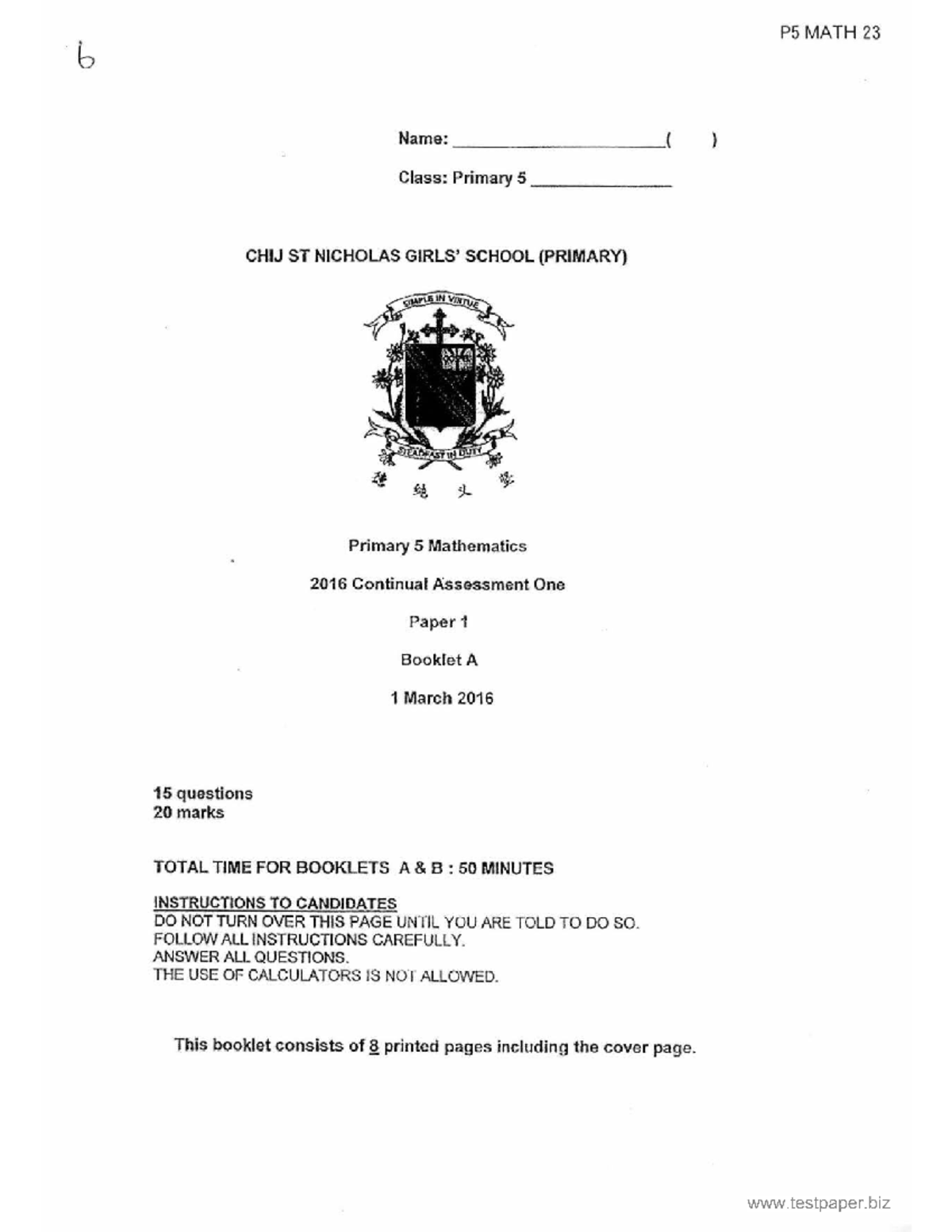 P5 MATH 23: Primary 5 Mathematics CA1 Practice Paper 2016 - Studocu