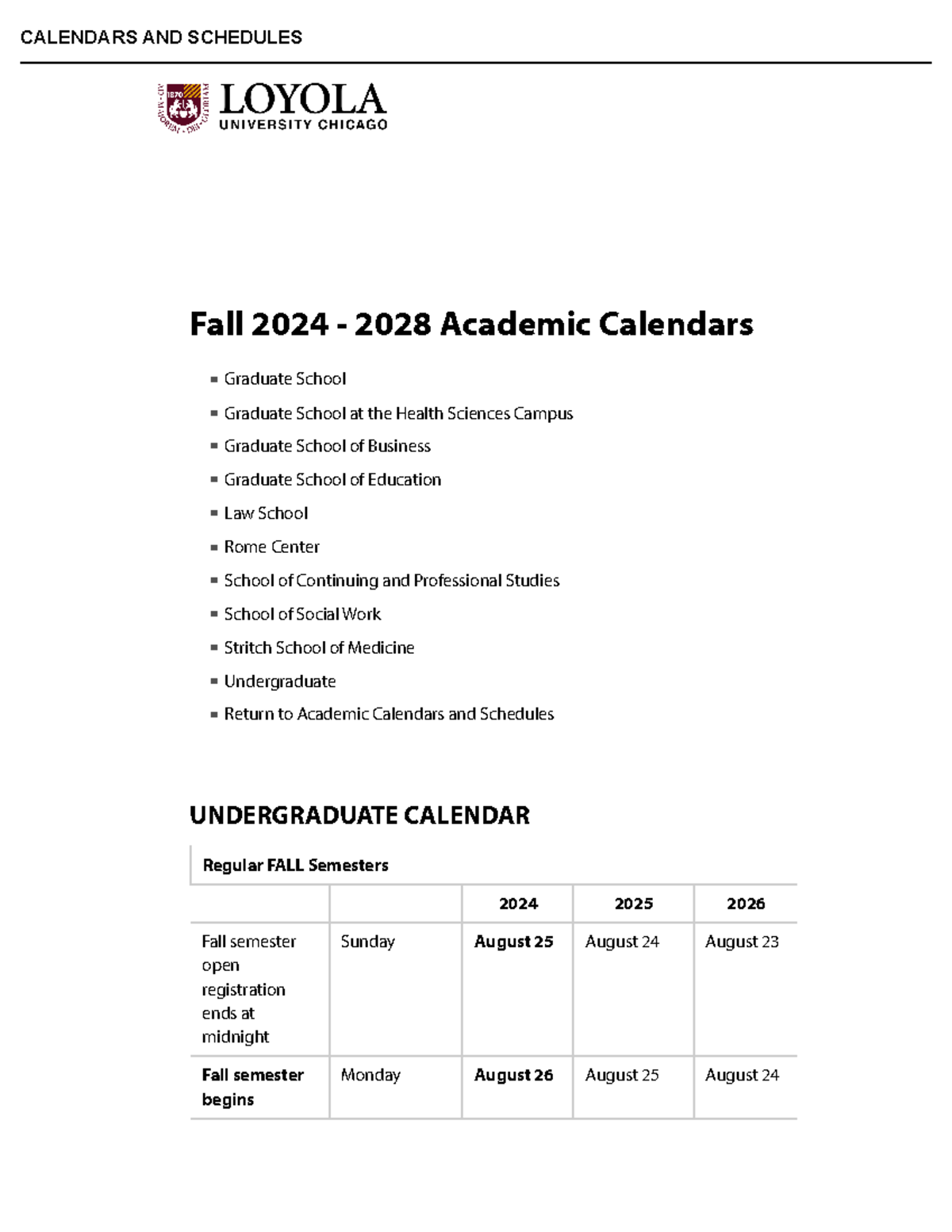 Fall 2024 - 2028 Academic Calendars for Loyola University Chicago - Studocu