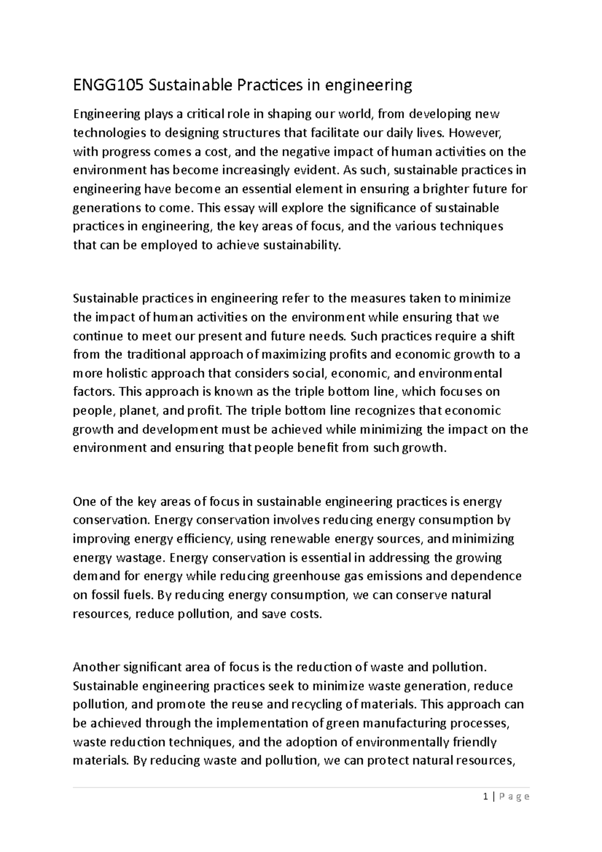 ENGG105 Final Essay on Sustainable Practices in Engineering - Studocu