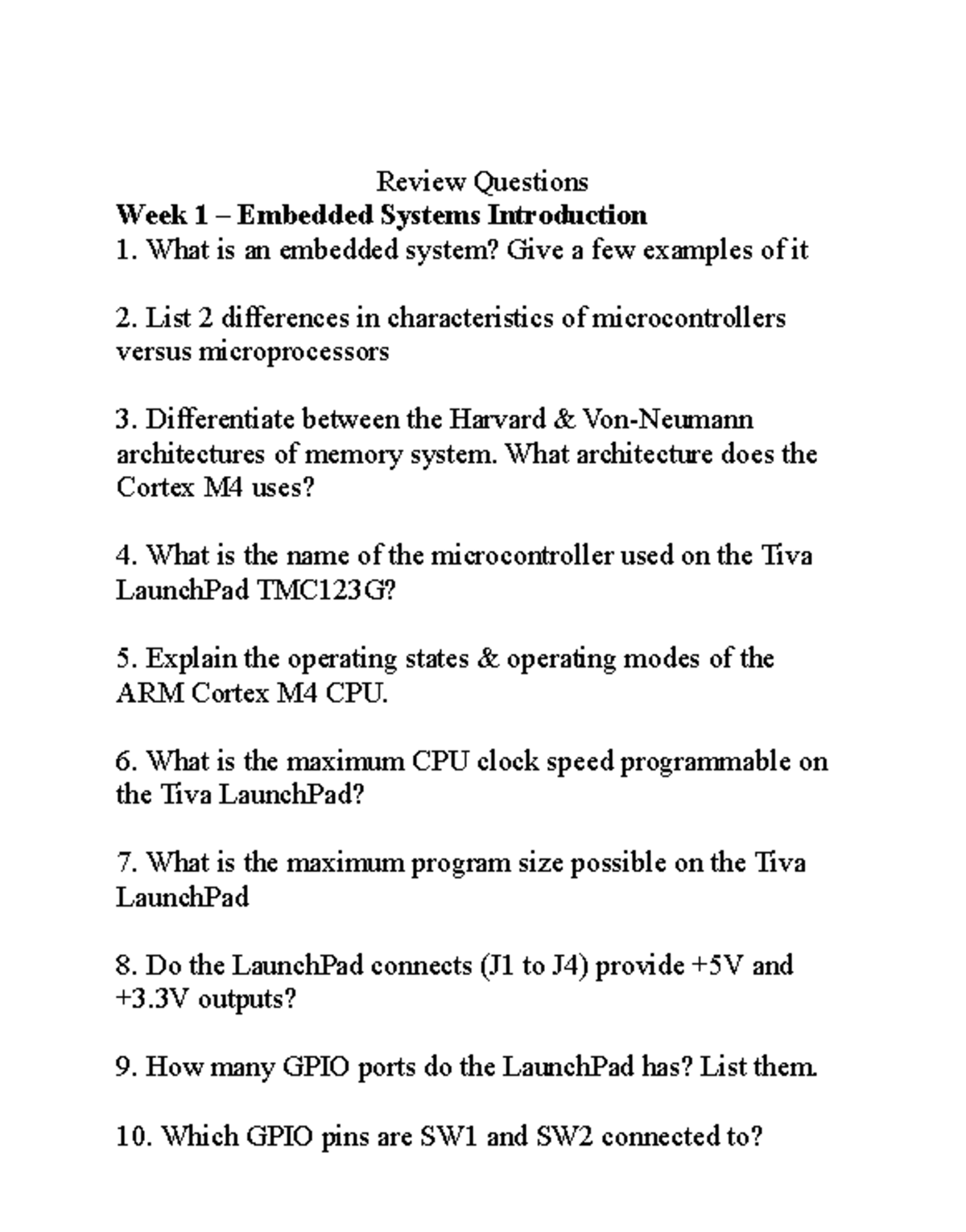 Week 1 to Week 11 Review Questions on Embedded Systems - NIL - Studocu